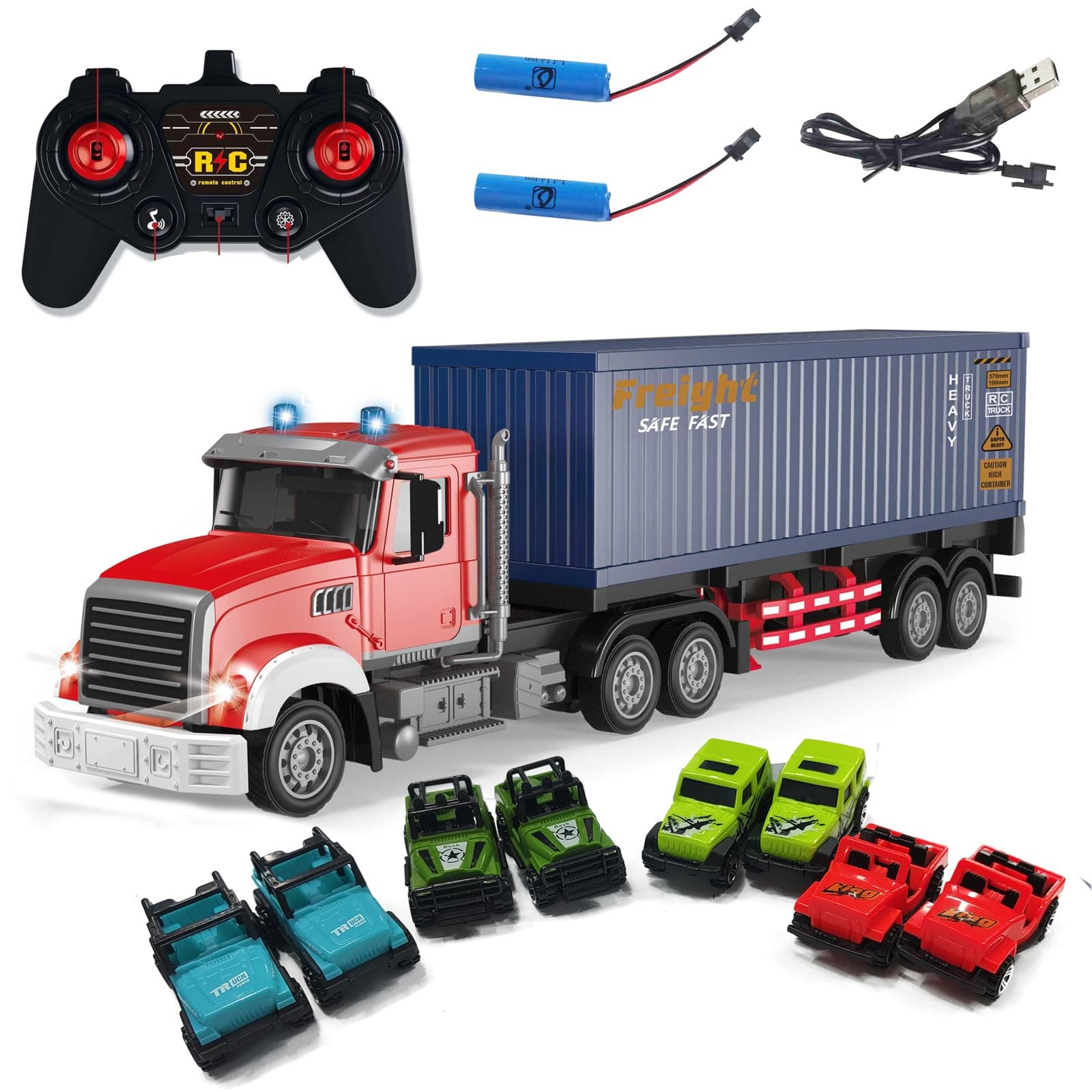 Mostop RC Semi Truck with Trailer, 22.5 Inch Remote Control Semi Truck Toy for Kids, 1:24 Scale Container Truck with 2 Batteries, Carrier Van Transport Vehicle with LED Light & Music,Great Gift