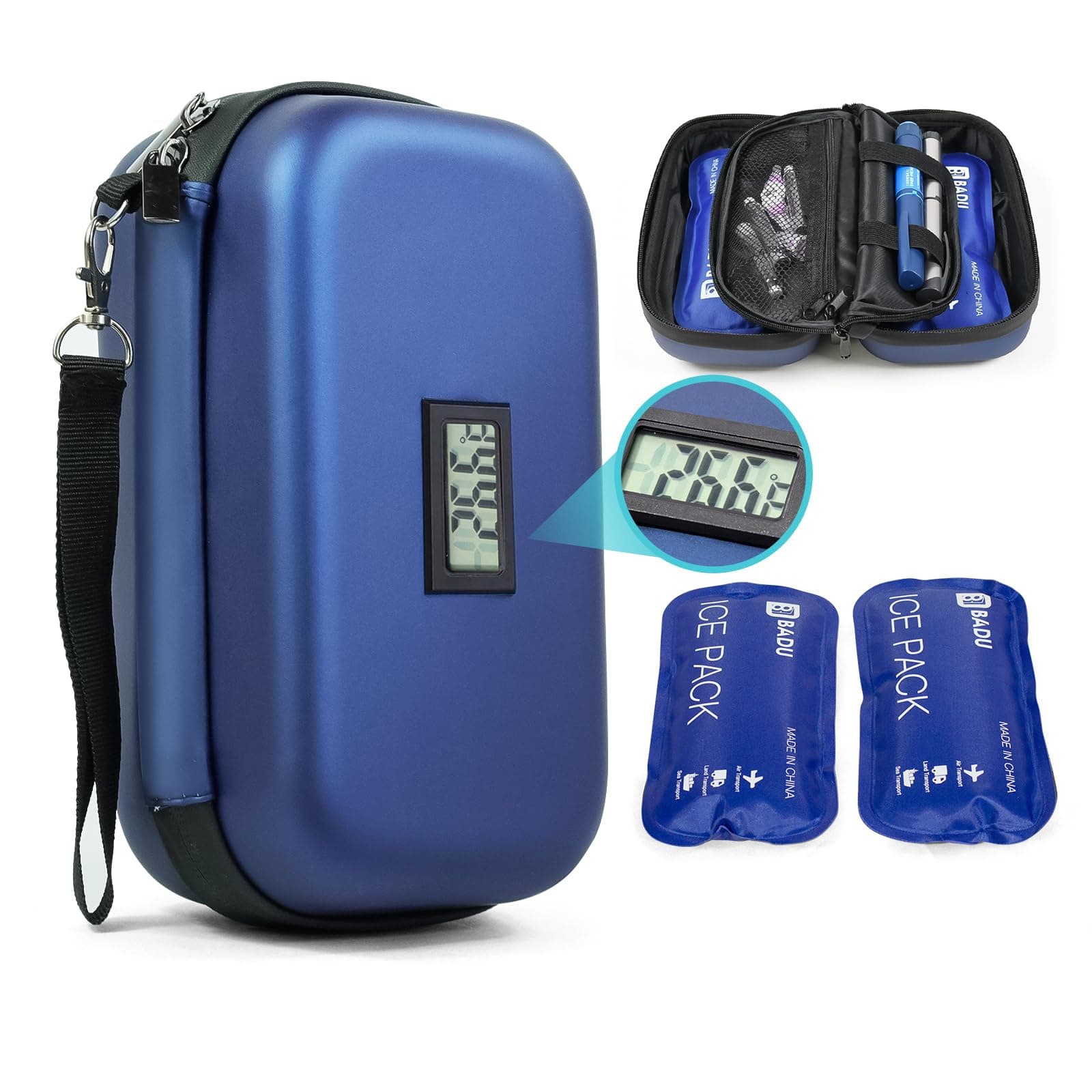 24h Insulin Cooler Travel Case TSA Approved Medication Diabetic Cooler for Travel with Thermometer Temperature Display Refrigerated Medicine Organizer Bag with 2 Ice Pack