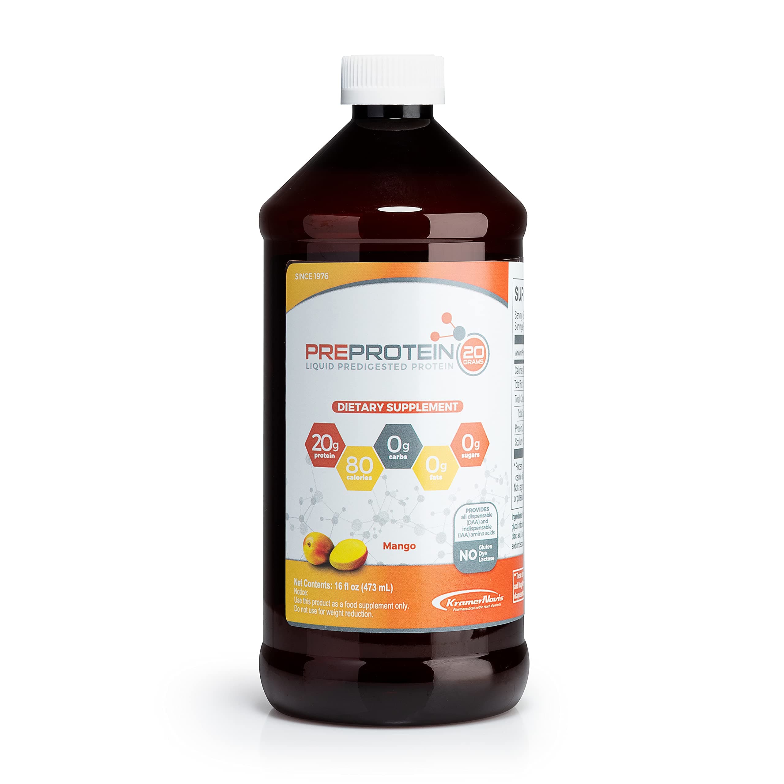 20® Liquid Predigested Protein, Ready to Drink, No-Sugar, No-Fat, No-Carbs, Amino Acids, 20G Protein/oz., Used by Hospitals, for Bariatric, Wounds, Nutritional Support, 16oz. bottle, Mango