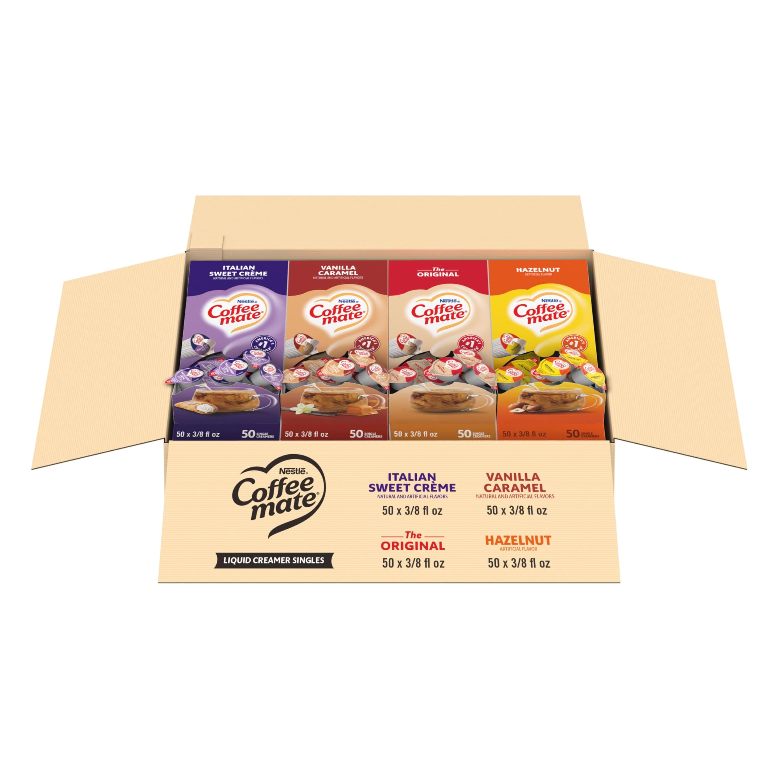 Nestle Coffee mate Creamer Singles Variety Pack, Original, Hazelnut, Italian Sweet Creme, Vanilla Caramel Non Dairy, No Refrigeration, 0.375 fl oz Tubs, 200 Count (Pack of 50 Per Flavor)