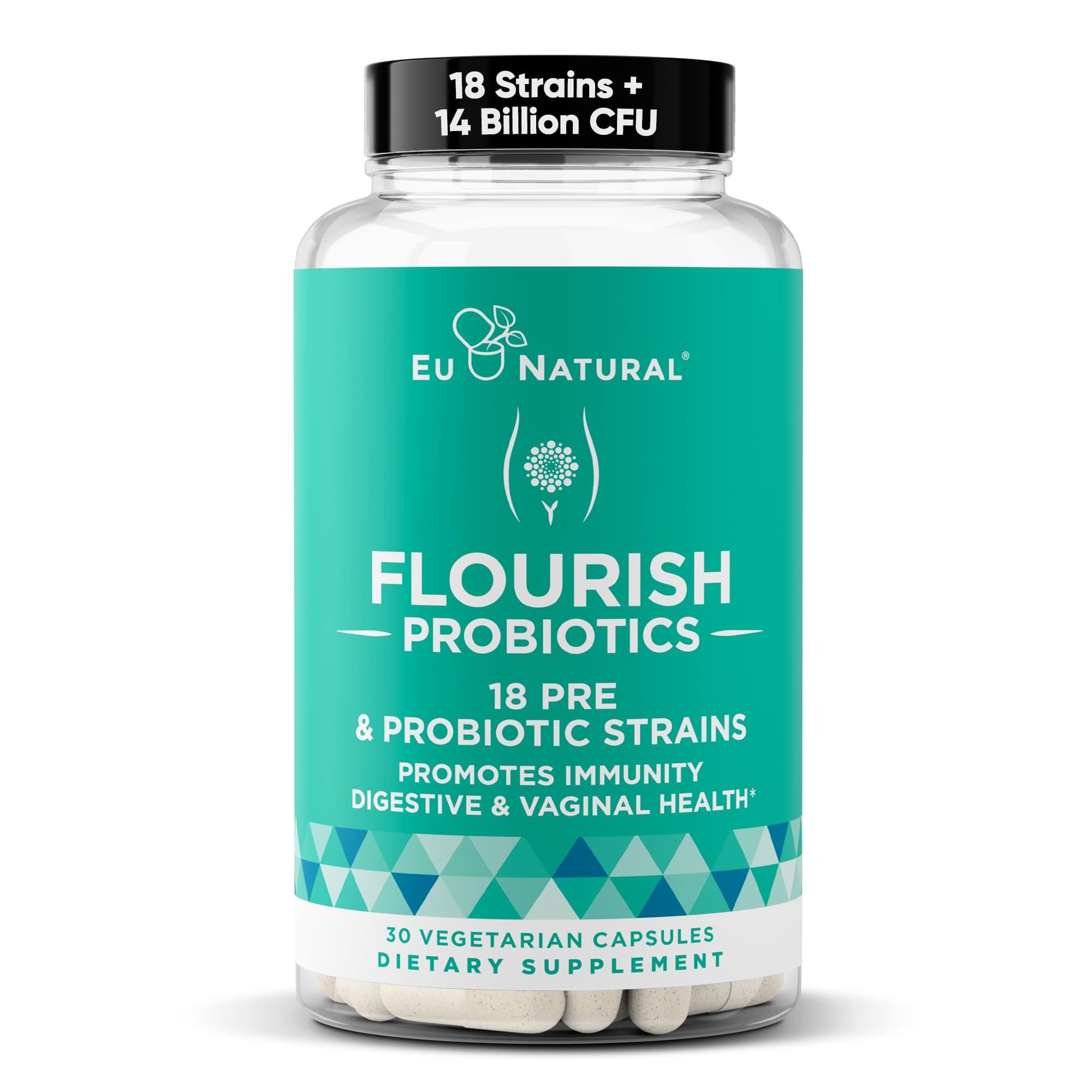 Flourish Probiotics + Prebiotics for Women – Gut and Digestion, Urinary Tract, Reduce Bloating, Vaginal Health – 18 Clinically Proven Strains, 14 Billion CFU – 30 Shelf-Stable Mini Vegan Capsules