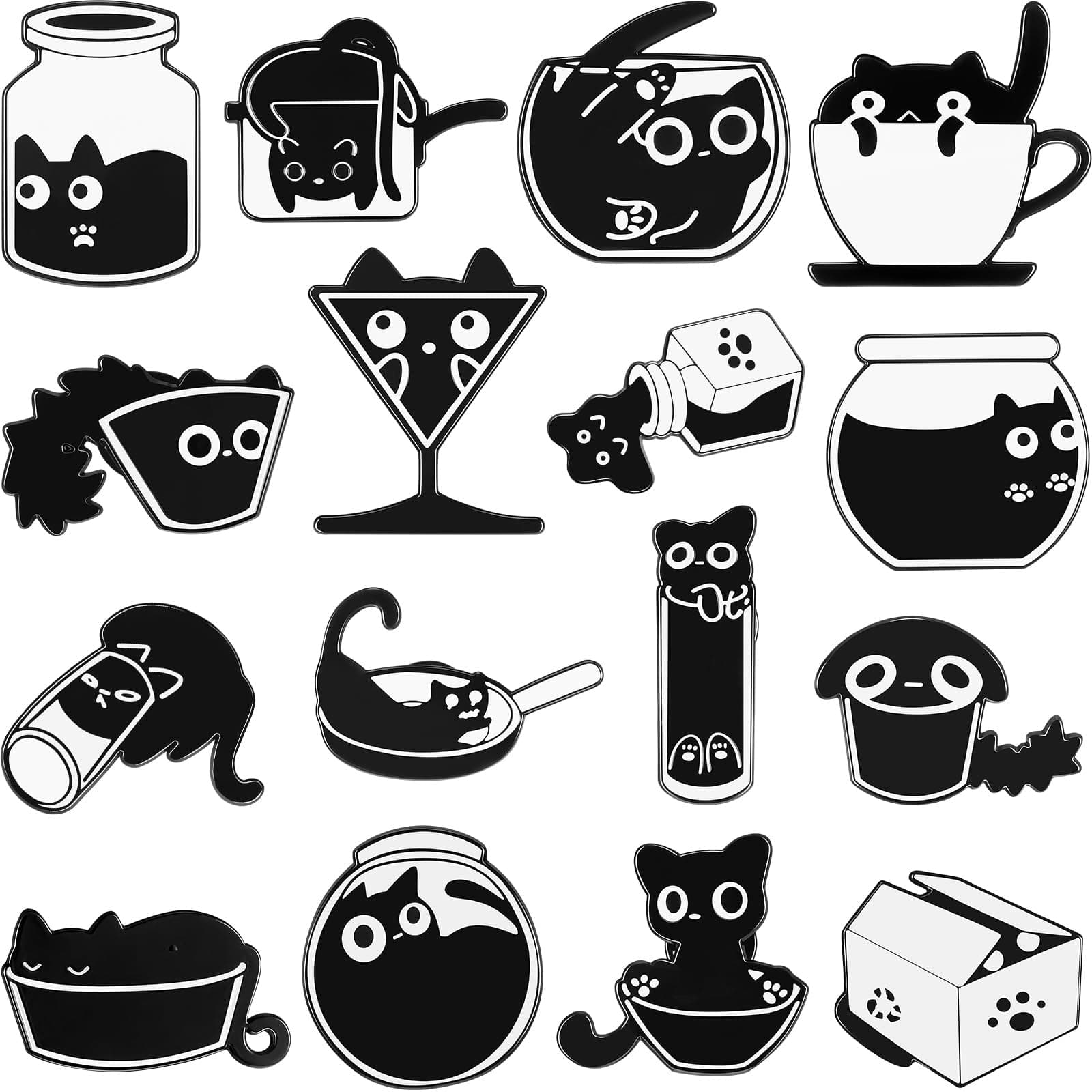 16 Pcs Black Cat Enamel Pins Set, Cute Cartoon Badges for Backpacks, Jackets, Bags, Gifts for Cat Lovers
