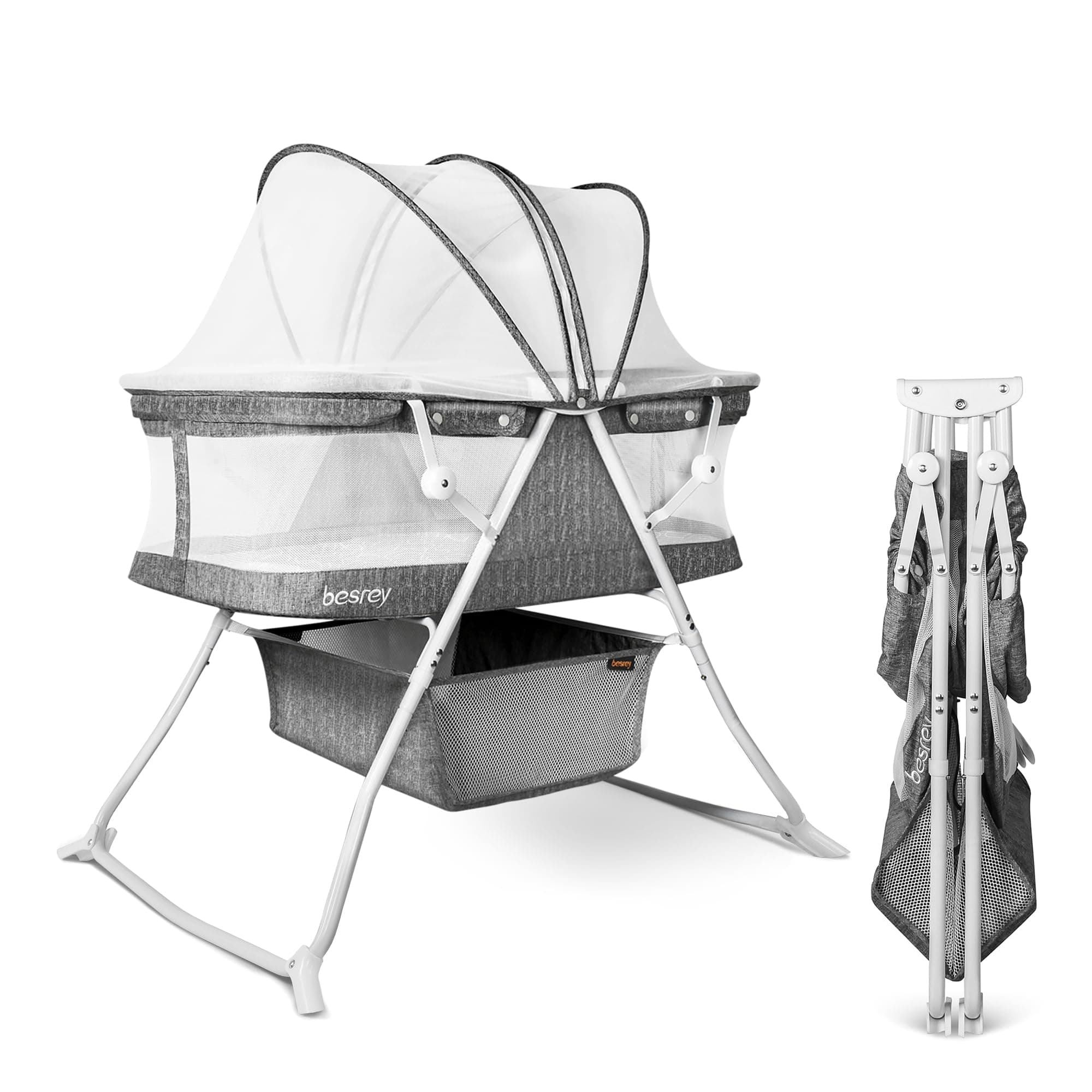 besrey Bassinet for Baby, Portable Baby Bassinets, Rocking Cradle Bed, Easy Folding Bedside Sleeper Crib, Quick-Fold for Newborn Infant, up to 19.8 lb Compact Storage, Mattress and Net Included