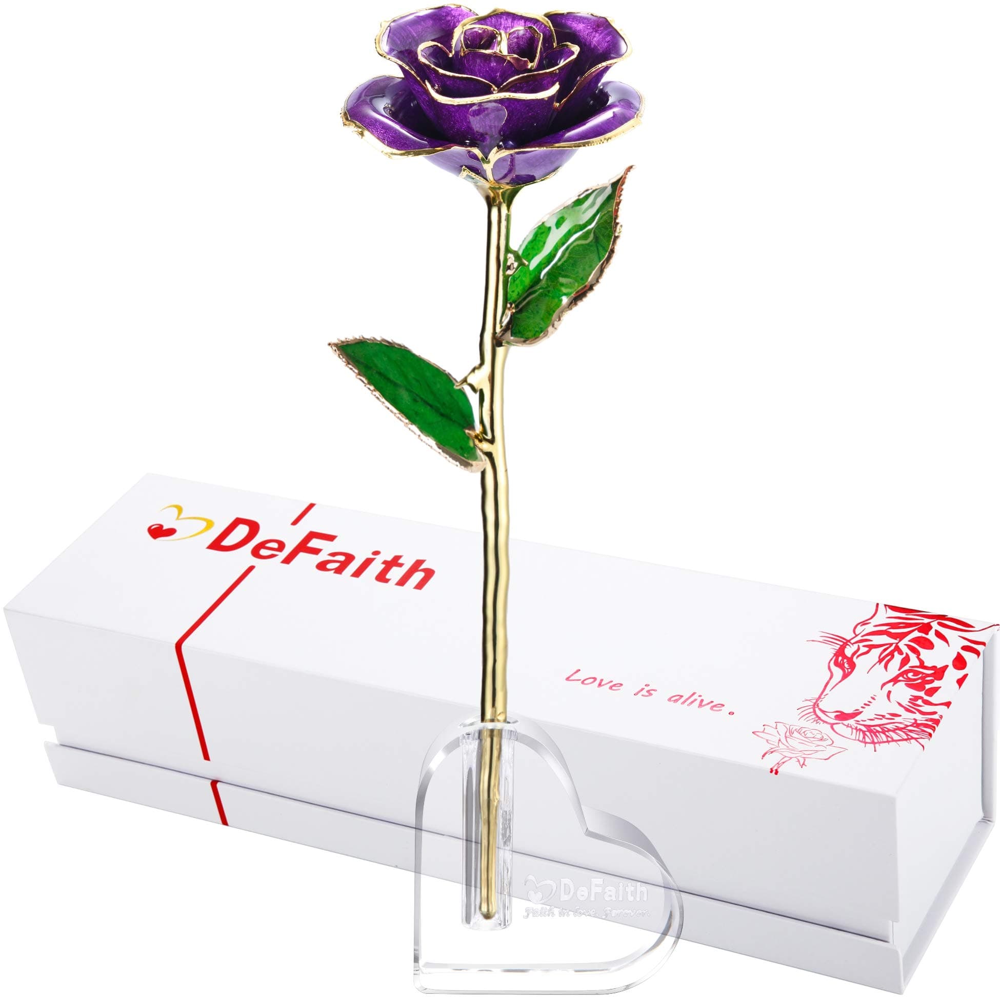 DEFAITH 24k Gold Dipped Rose with Crystal Stand, Great Love Gifts for Her Wife Mother Valentine's Day Anniversary Birthday (B. Purple)