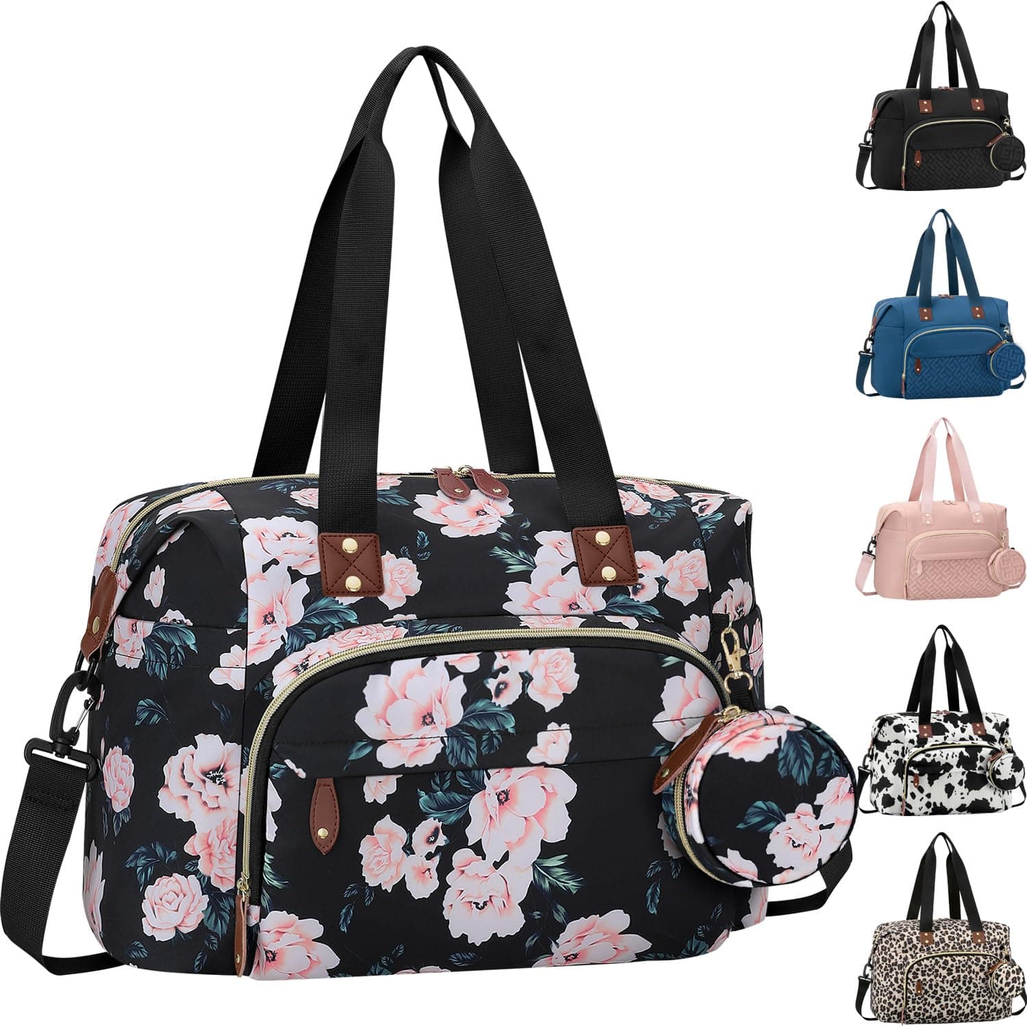 Diaper Bag Tote with Pacifier Case, Baby Bag for Women with Shoulder Straps, Travel Diaper Tote for for Mom and Dad Medium Size, Black Pink Floral