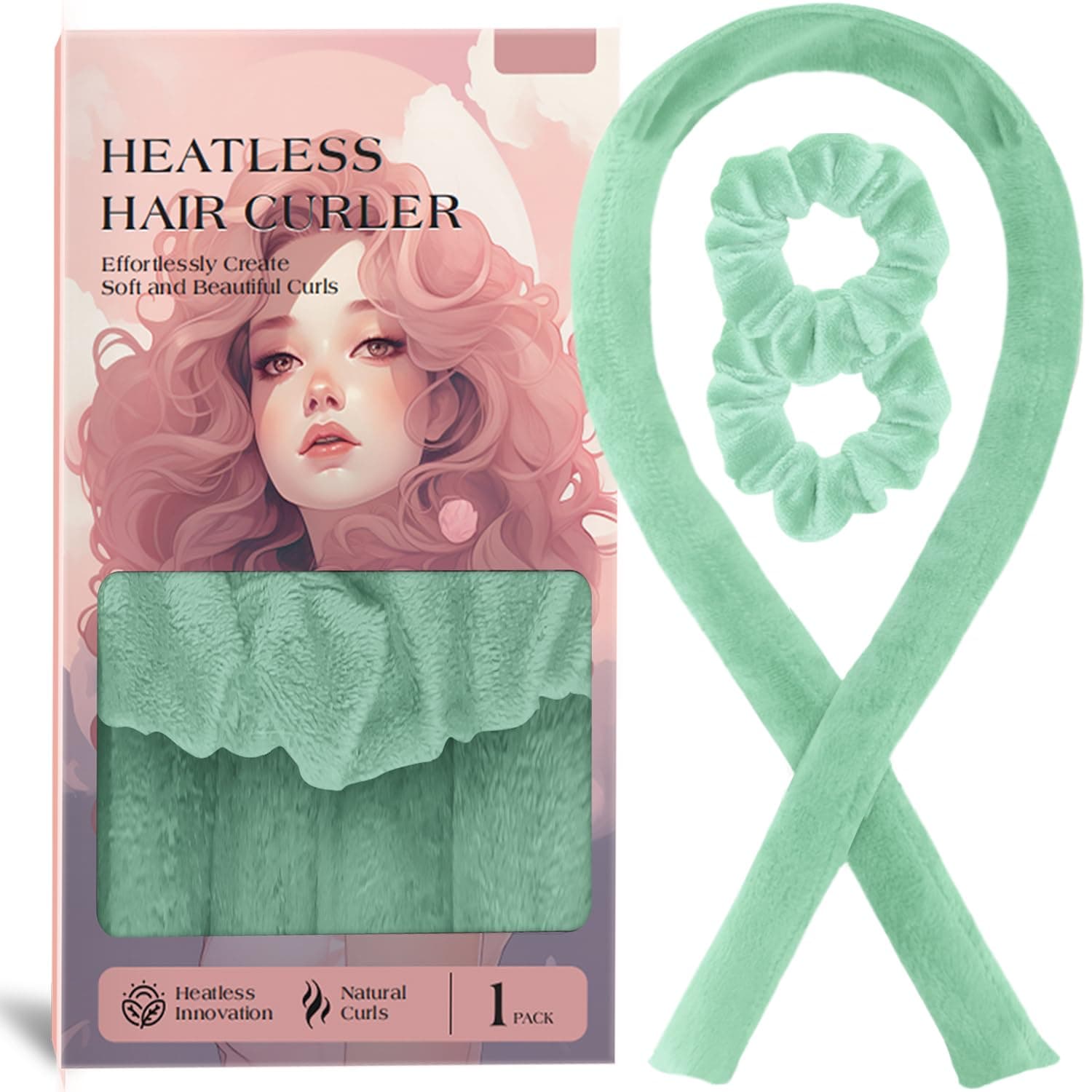 Heatless Hair Curler- Styling Overnight Curling Rod Headband Set, No Heat Hair Rollers for Long Hair to Sleep in, Hair Accessories for Women with Scrunchies (Green)