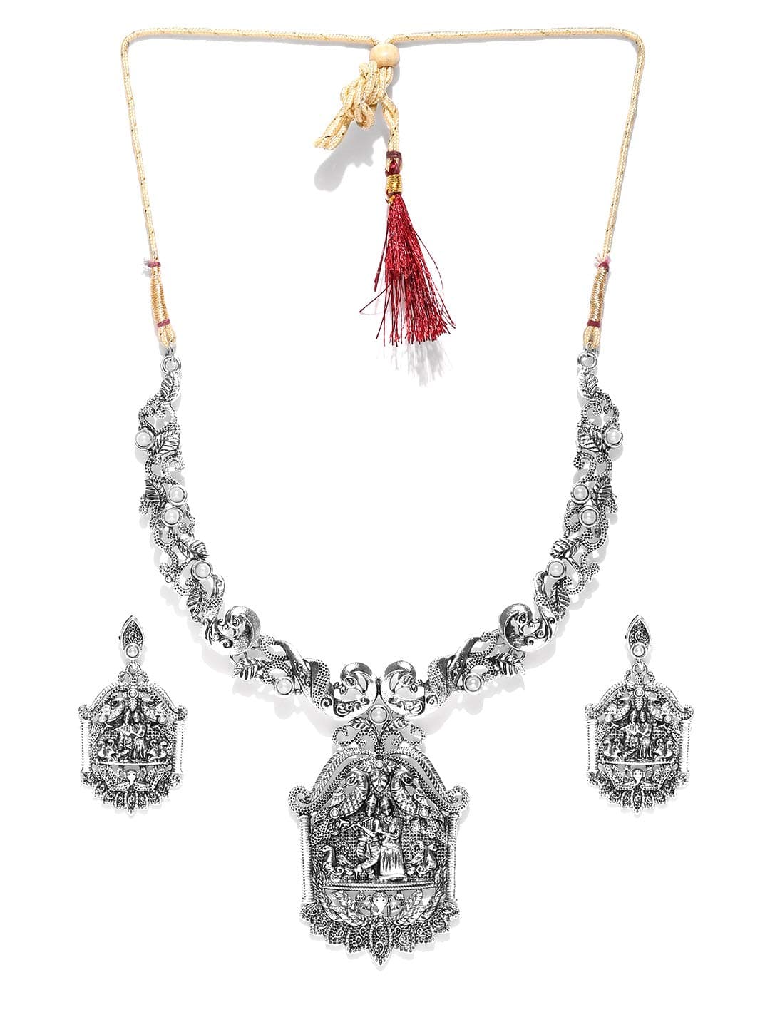 ZAVERI PEARLS Antique Silver Radha Krishna Temple Necklace Set For Women-ZPFK6306
