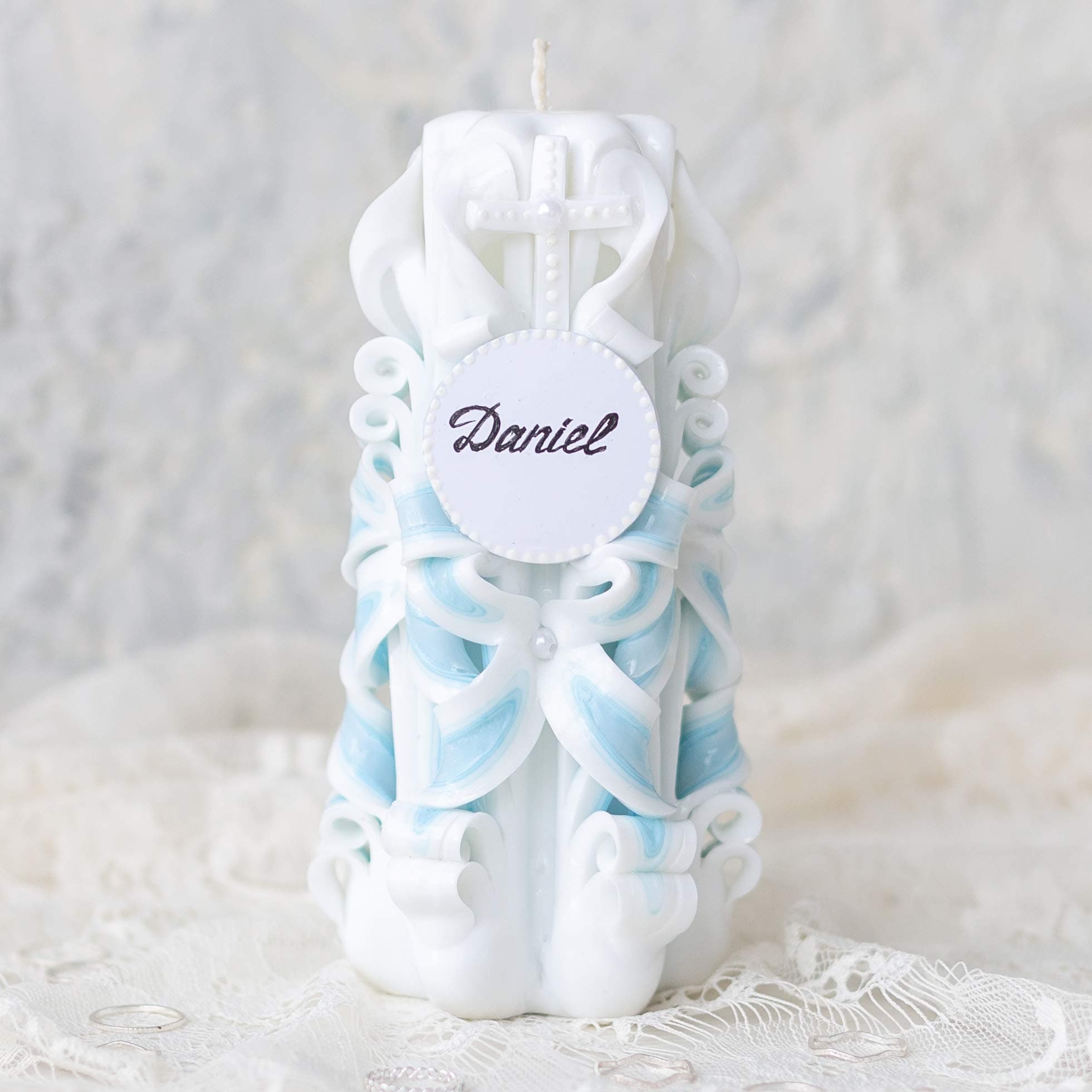 Blue and white Baptism Candle personalized for baby boy - Christening candle with name and date
