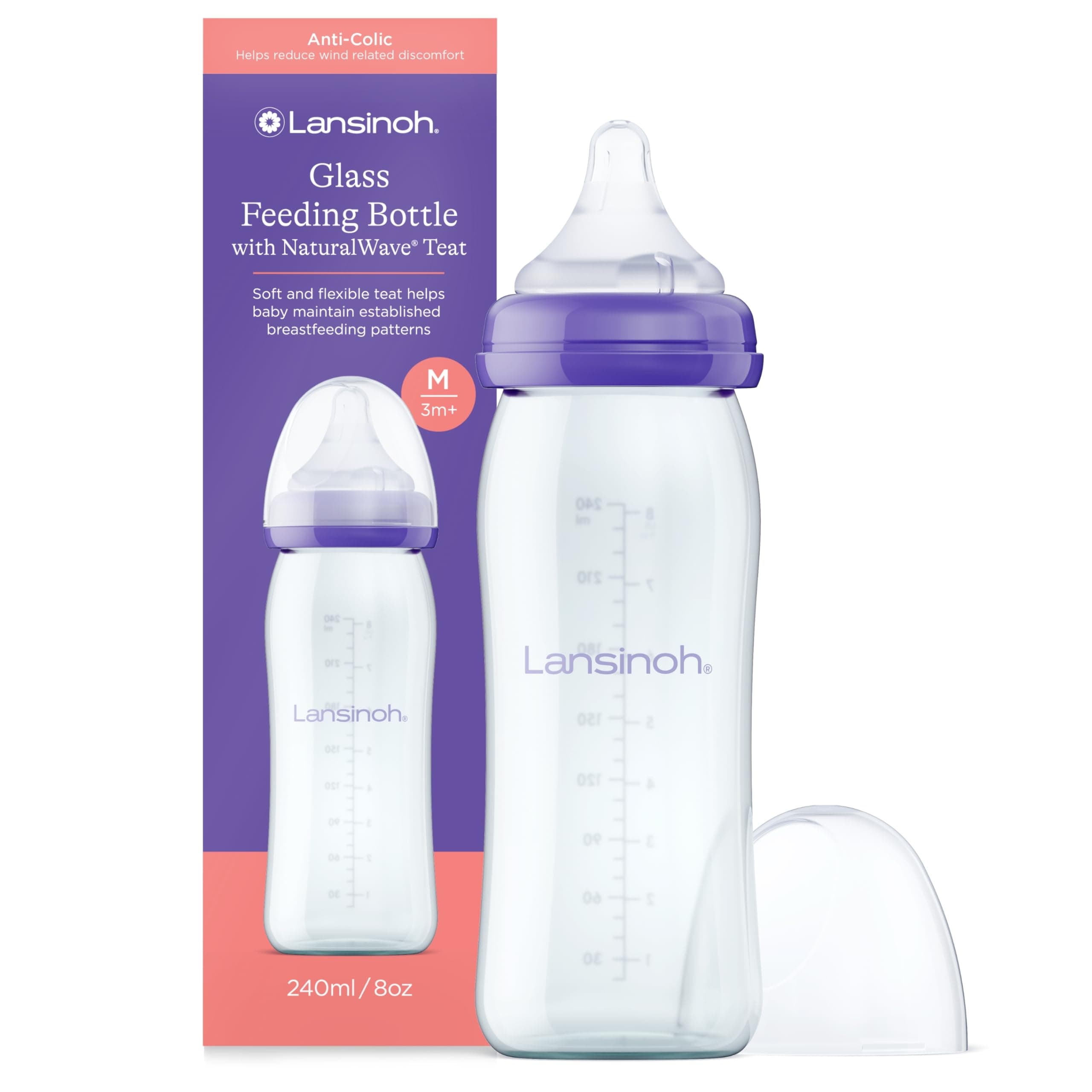 Lansinoh Glass Baby Bottle + NaturalWave™ Medium Flow Teat with Anti Colic Air Vent - 240ml - Breastfeeding Bottle Feeding: Clinically Proven to Reduce Nipple Confusion