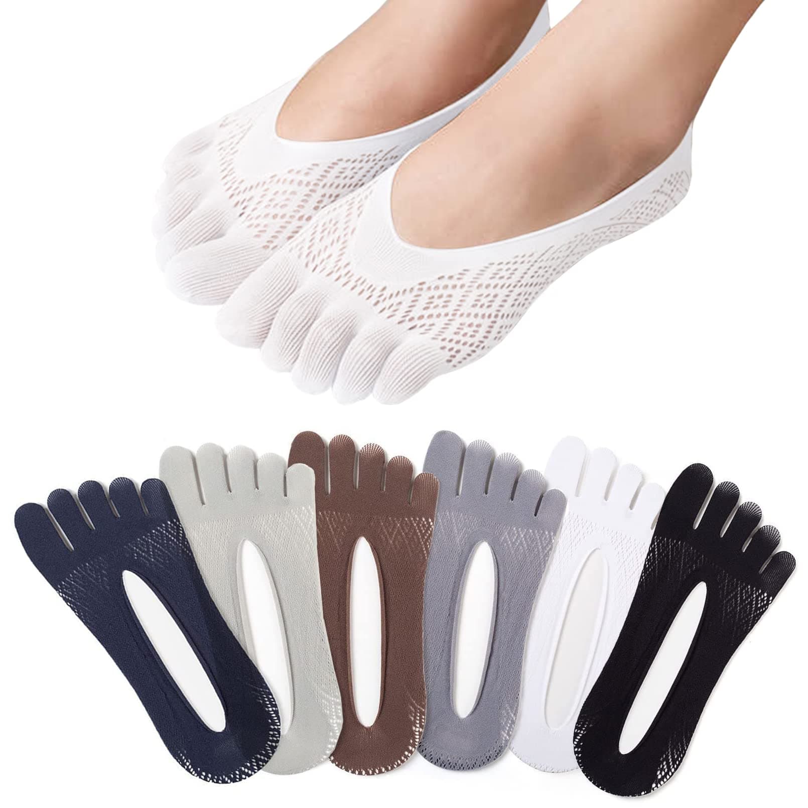 6 Pairs Yoga Socks, Silk no Show Full Toe Socks with Non-slip Silicone Pad for adult