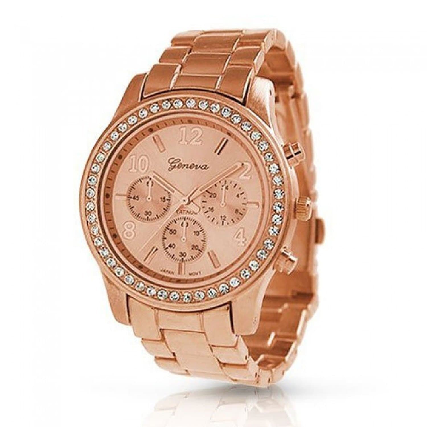 Geneva Rose Gold Plated Classic Round CZ Stainless Steel Back Ladies Boyfriend Watch