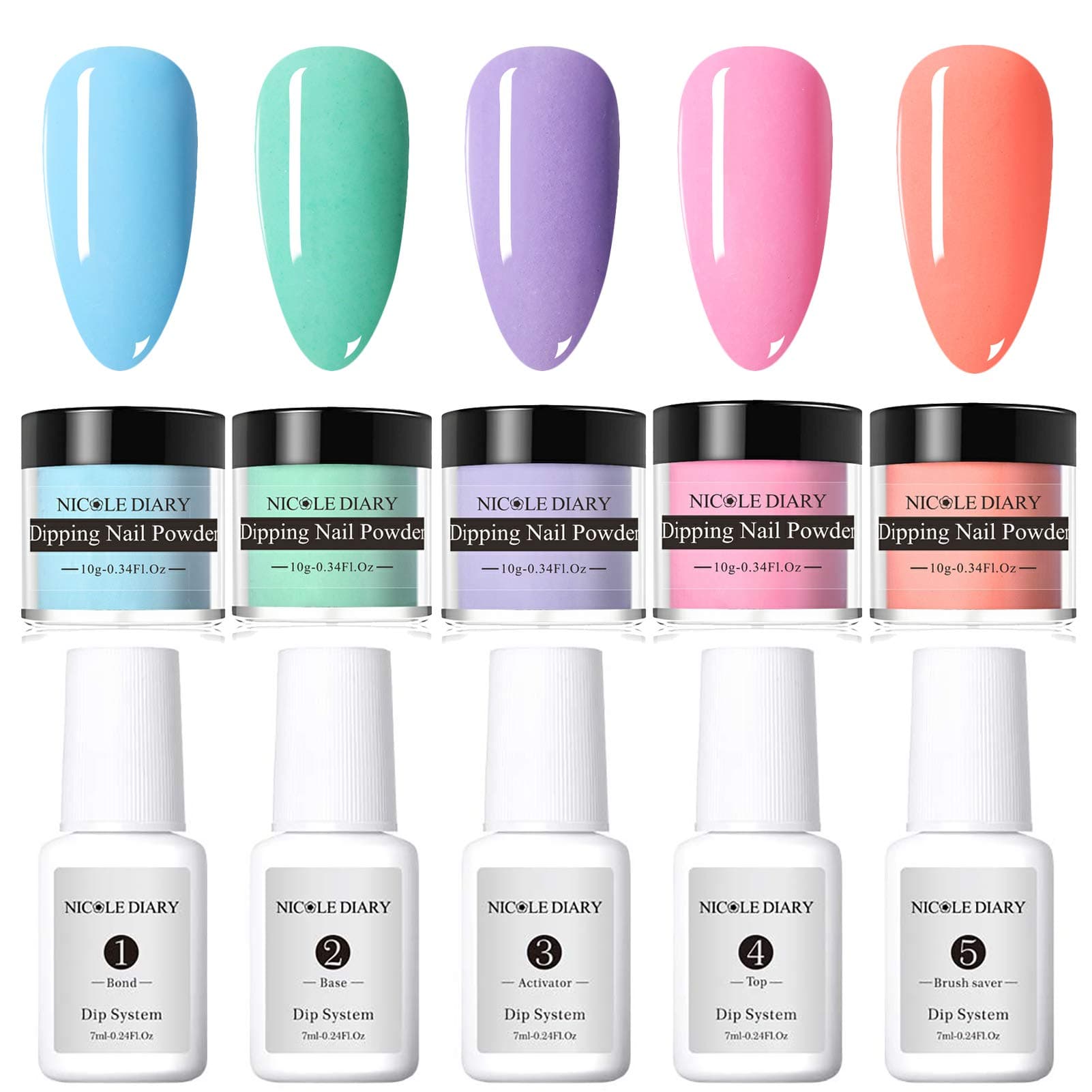 NICOLE DIARY Dipping Powder Set 5 Color Dip Powder Nail Kit Starter Luminous Nail Powder Dip Kit Base and Activator Glitters Nail Art System Acrylic Dipping No Need UV LED