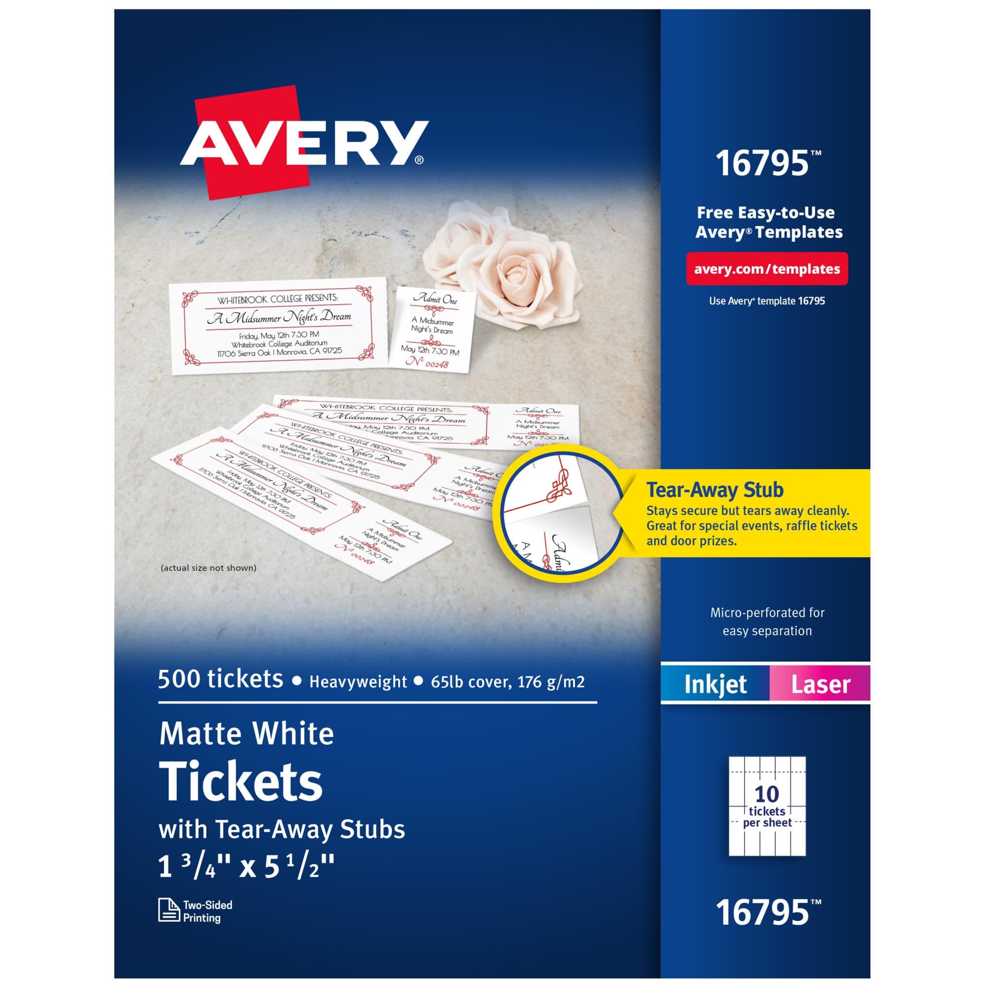 Printable Tickets with Tear-Away Stubs, 1.75" x 5.5", Matte White, 500 Blank Tickets for Laser and Inkjet Printers (16795)
