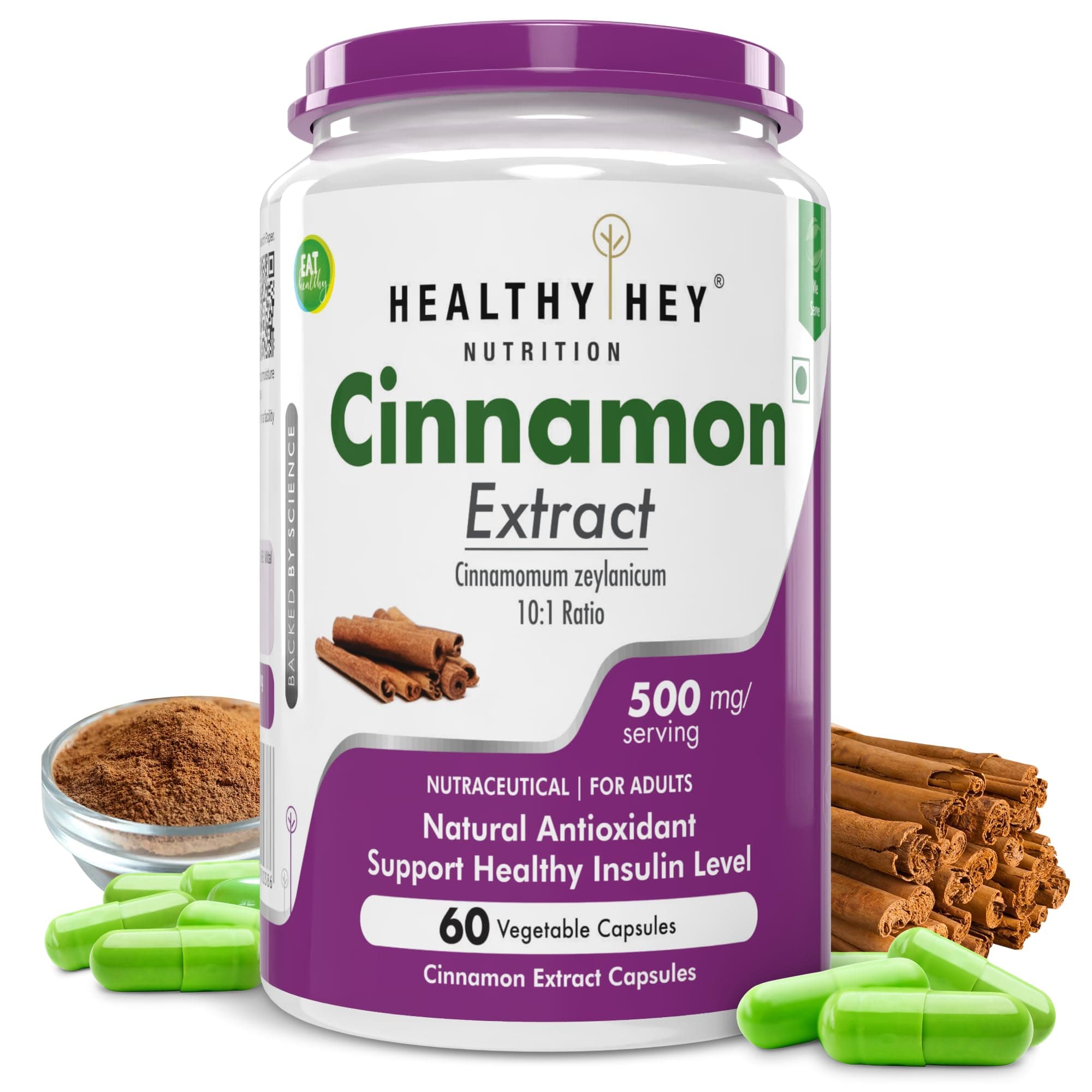 HealthyHey Nutrition Cinnamon Extract 10:1 Ratio - Support Healthy Glucose Levels -60 Veg. Capsules