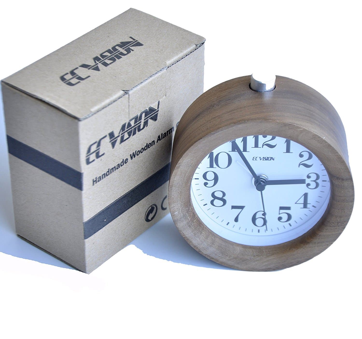 ECVISION Handmade Classic Small Round Silent Table Snooze Wood Alarm Clock with nightlight-Black Walnut Wooden Clock