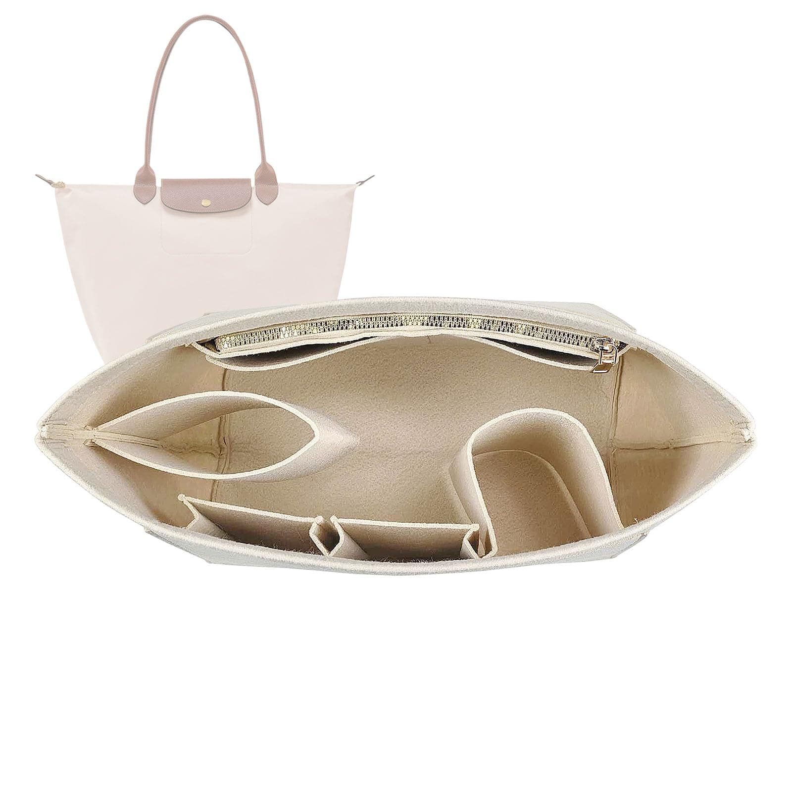 Lckaey tote bag organizer insert for Longchamp le pliage large tote insert felt purse zipper bag organizer 1028beige-S