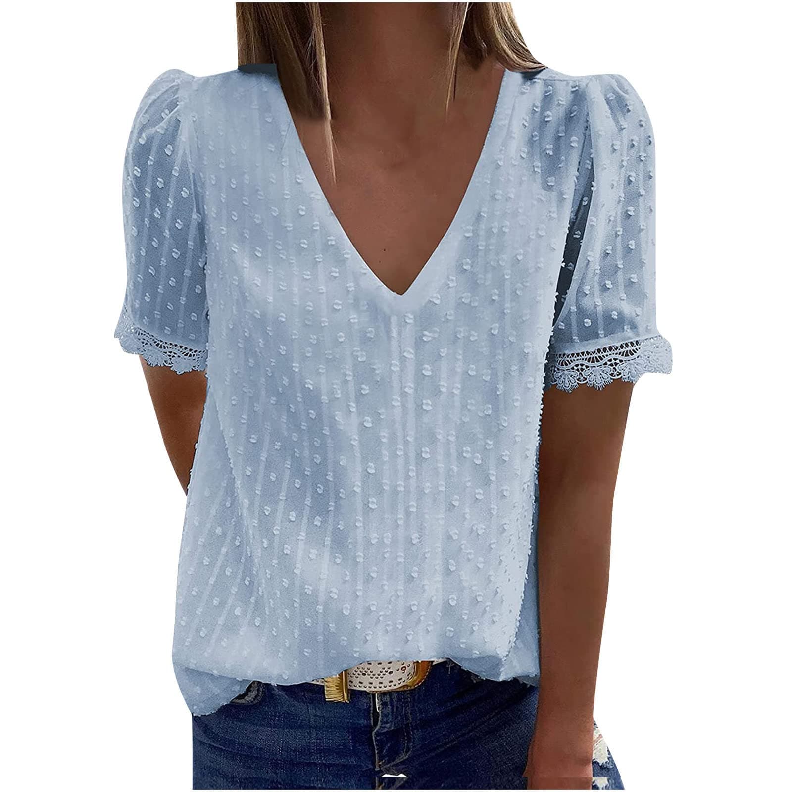 DASAYO Womens V Neck Swiss Dot Summer Top Tshirts Solid Business Dressy Casual Work Blouses Shirt Ladies Fashion Clothes