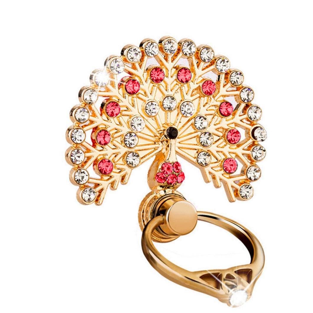 Dolloress Luxury Peacock Crystal Mobile Phone Holder Watch Shape Metal Finger Ring Stand Holder Phone Bracket (Red)