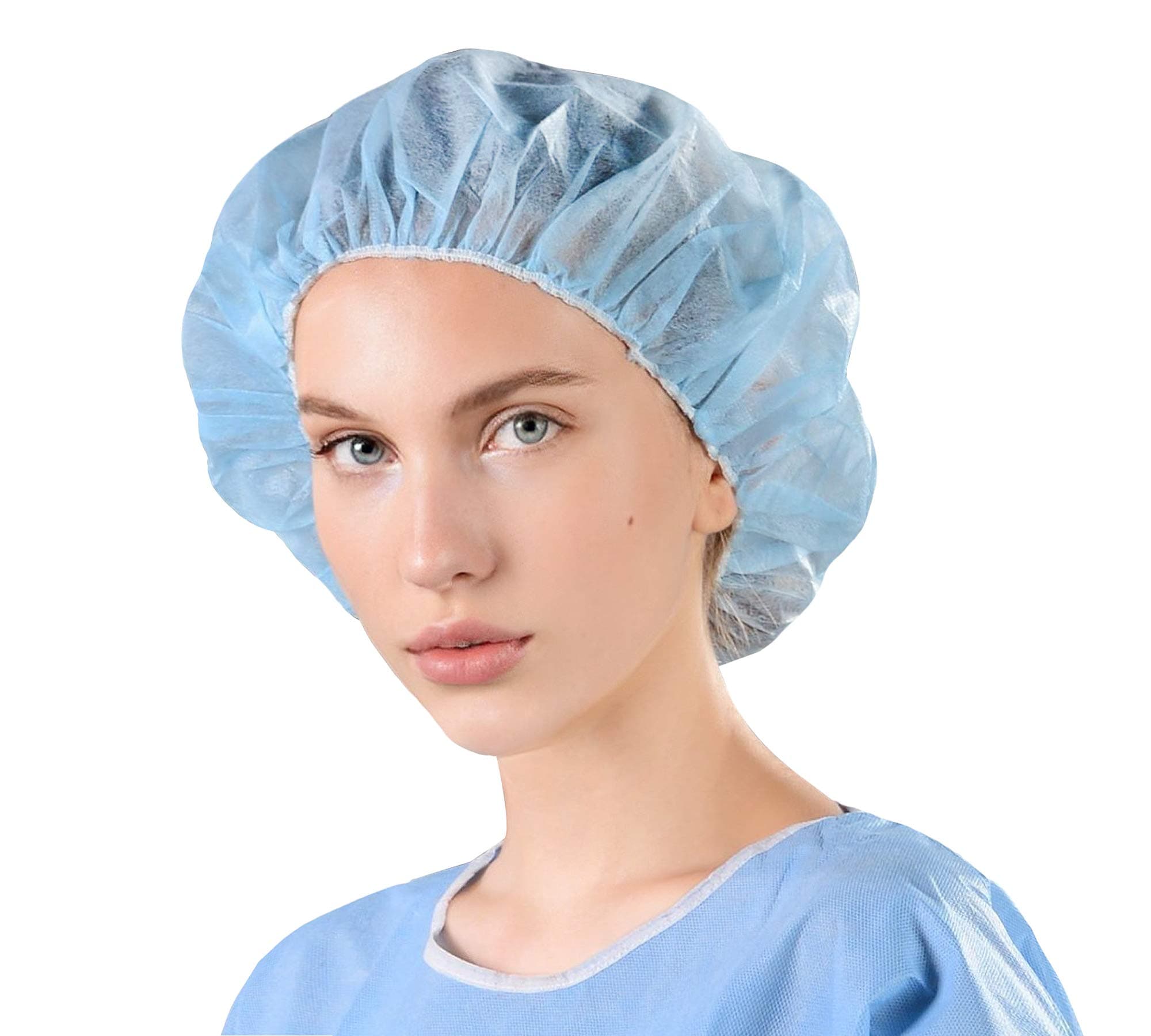 AMZ Medical Supply Blue Disposable Bouffant Caps Medical, 24 Inch. Pack of 100 Disposable Hair Covers for Nurses. Breathable Polypropylene Bouffant Caps with Elastic Band for Food Service