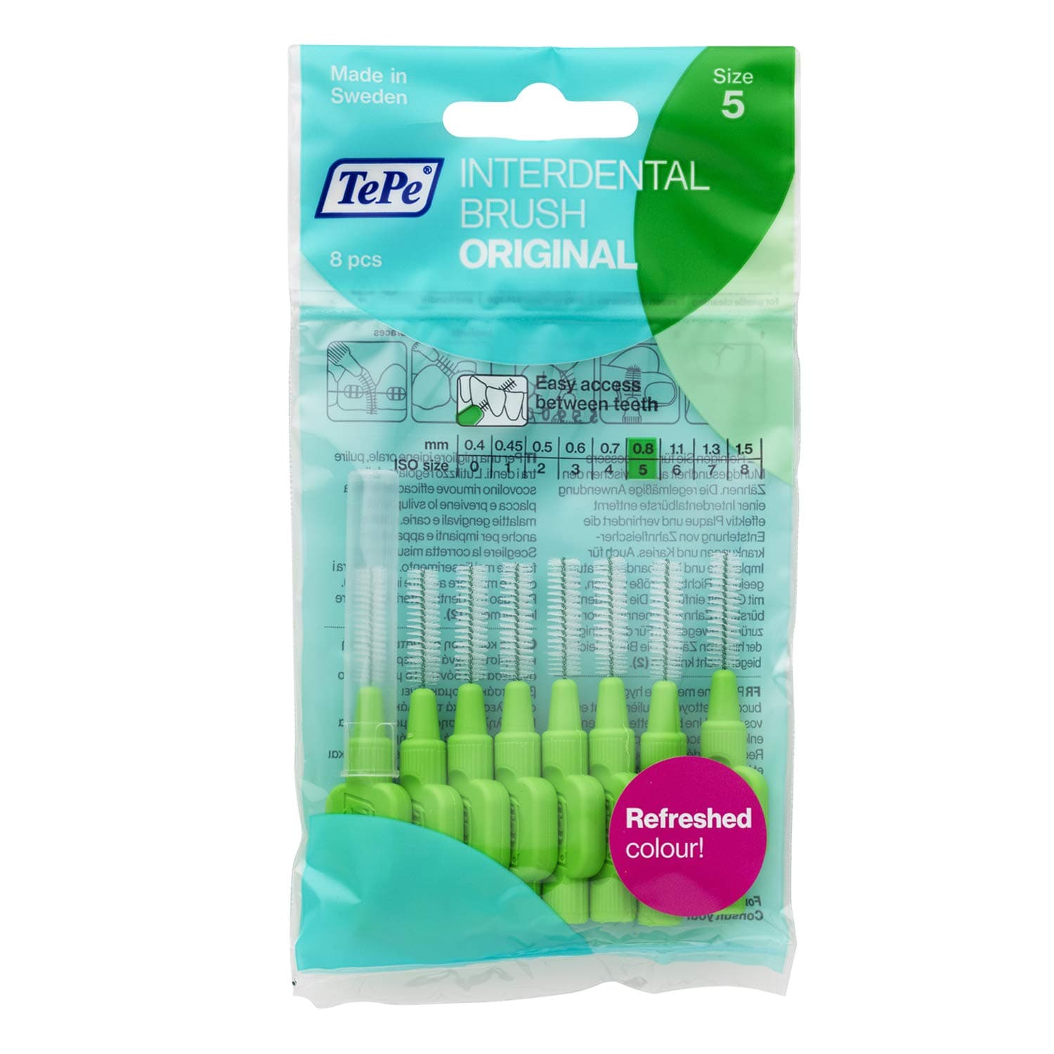 TePe Interdental Brush, Original, Green, 0.8mm/ISO 5, 8pcs, Plaque Removal, efficient Clean Between The Teeth, Tooth Floss, for Small Gaps