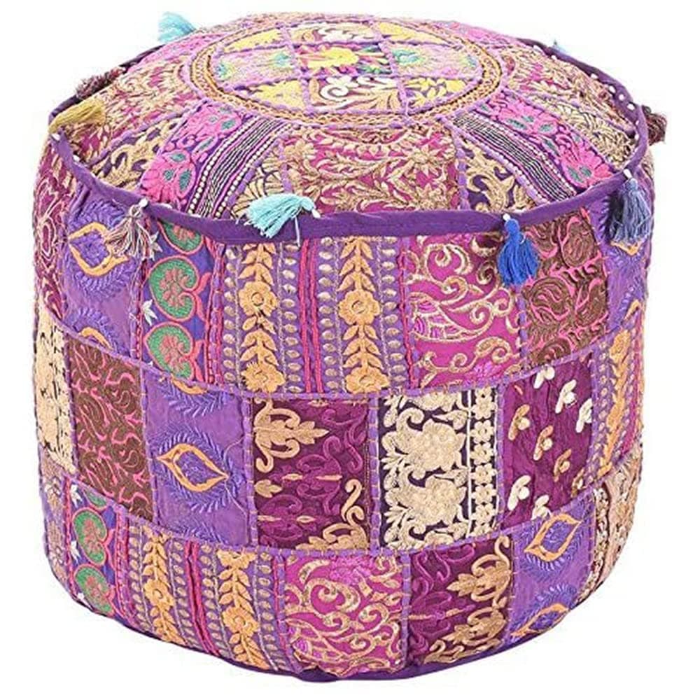 Aakriti Gallery Indian Pouf Footstool Ethnic Embroidered Pouf Cover, Indian Cotton Round Pouffe Ottoman Pouf Cover Pillow Ethnic Decor Art - Cover Only (Purple, 22x14)