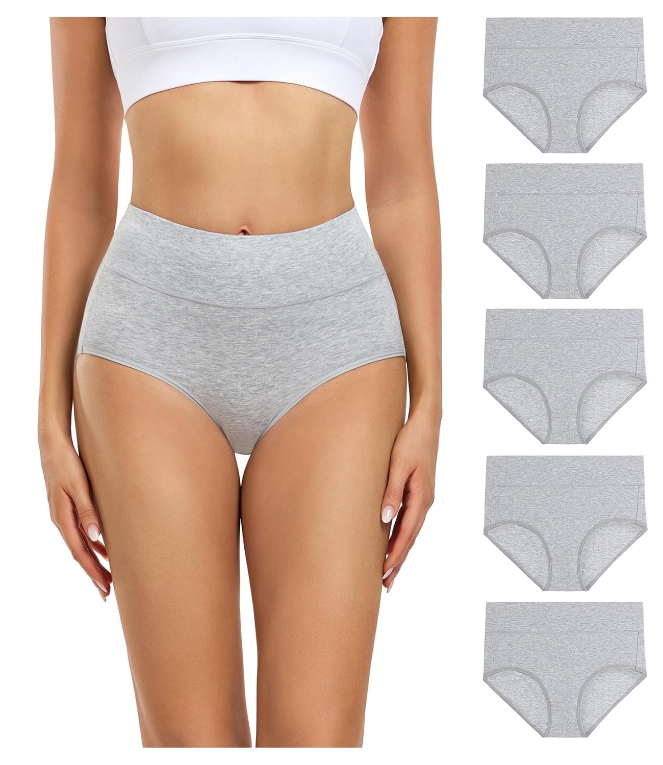 Women's Underwear High Waisted Ladies Cotton Panties Soft Full Coverage Briefs 5 Pack Grey X-Small