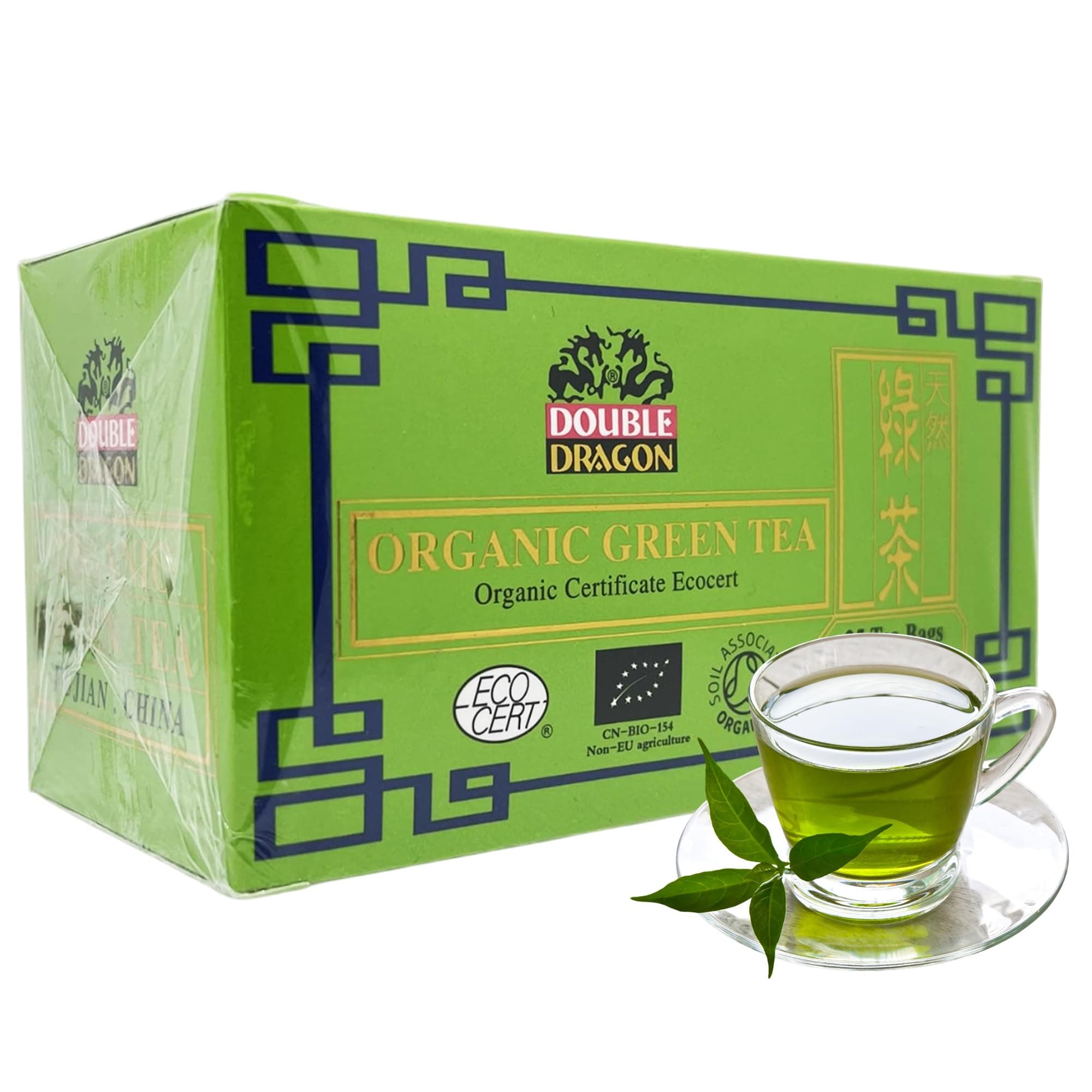 Double Dragon Organic Green Tea – 25 Tea Bags | Pure Chinese Green Tea from Fujian China | 100% Natural & Pesticide-Free | Rich in Antioxidants | Low Caffeine | Vegan & Vegetarian Friendly