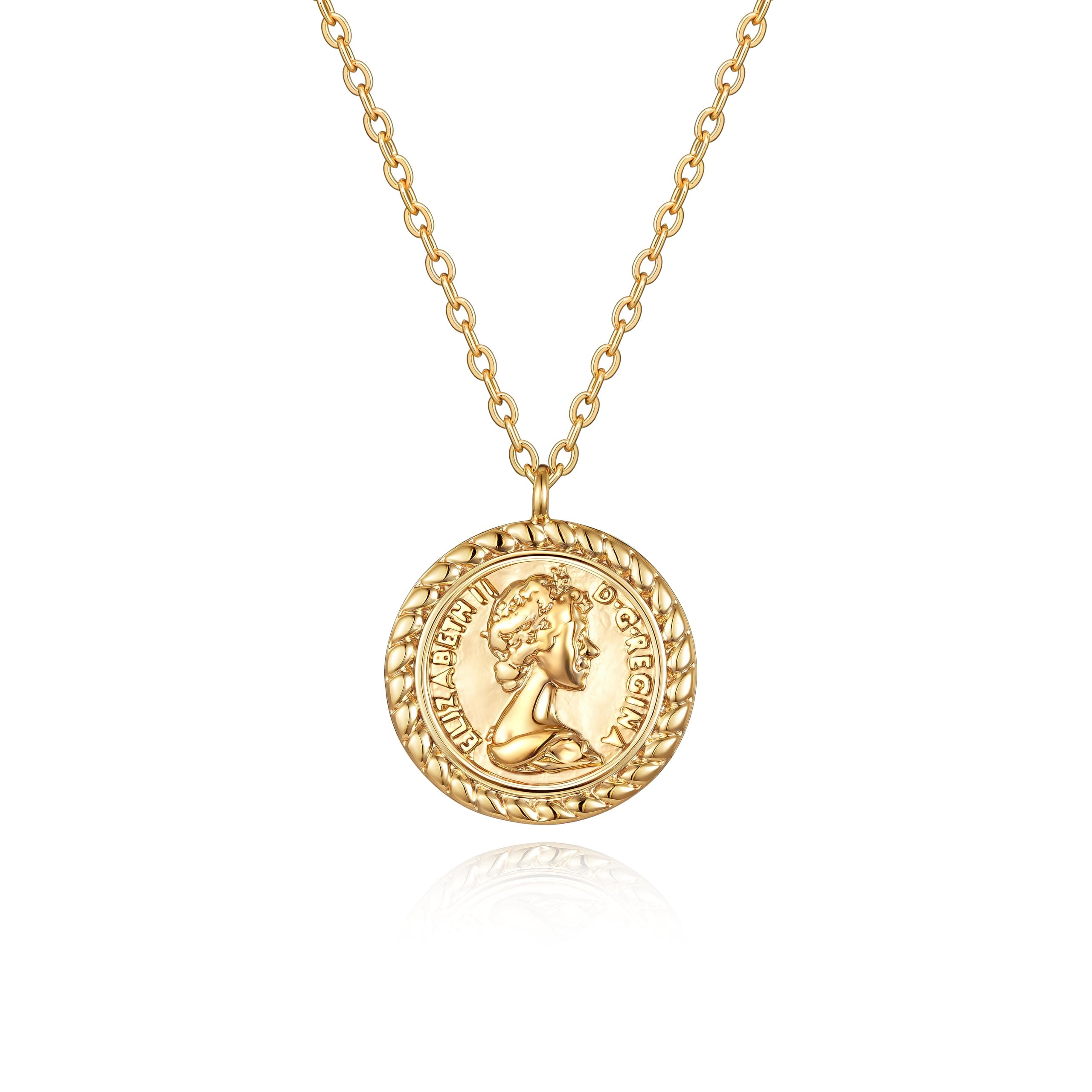 Coin Necklace 18k Gold Plated Vintage Textured Medallion Coin Pendant Round Circle Disk Dainty Necklace for Women