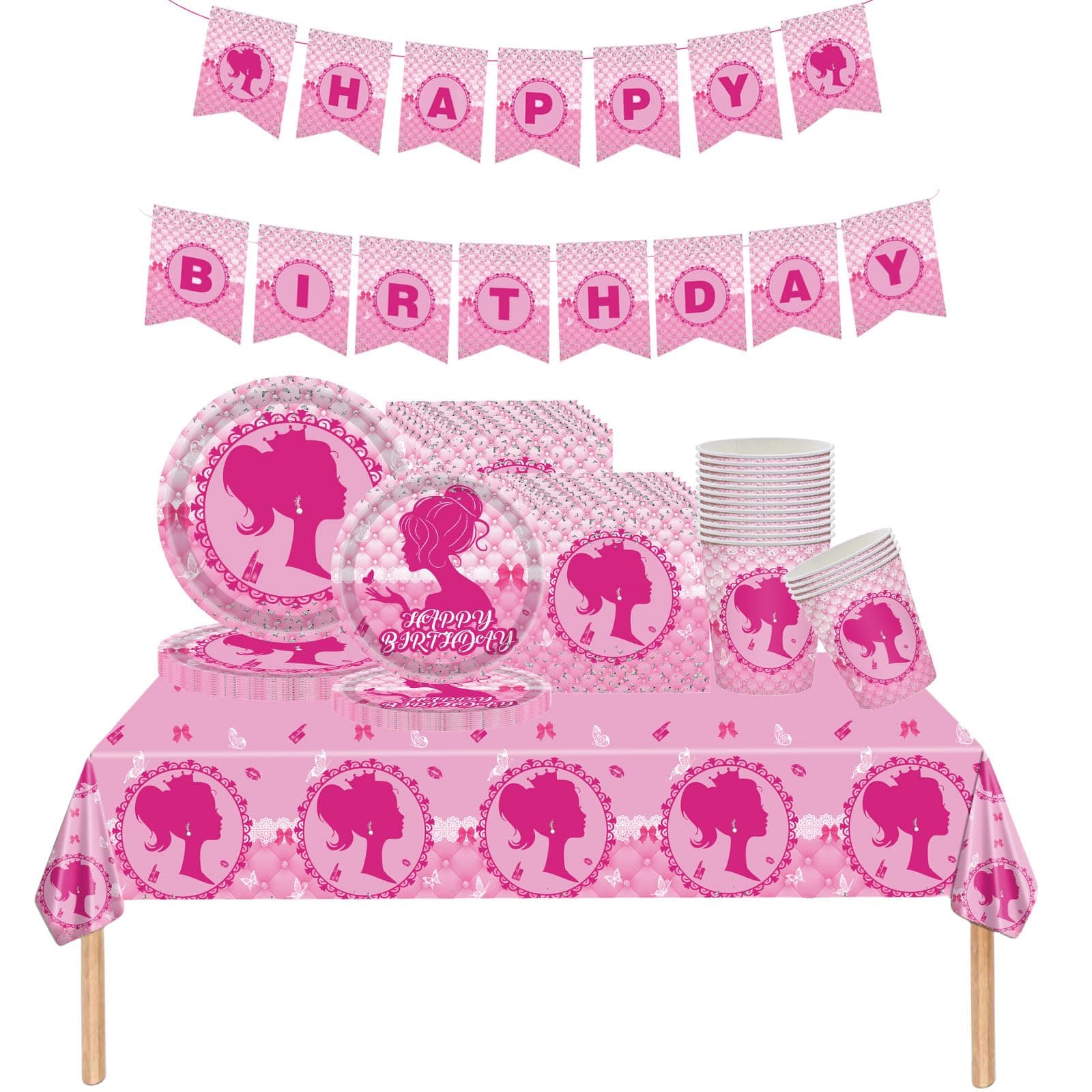 Hotpink Party Tableware Set for Girls, 70 Pieces Pink Princess Napkins, Plates, Cups, Tablecloth and Banner Set for BBQ, Birthday, Baby Shower, Wedding, Barbie Theme Party