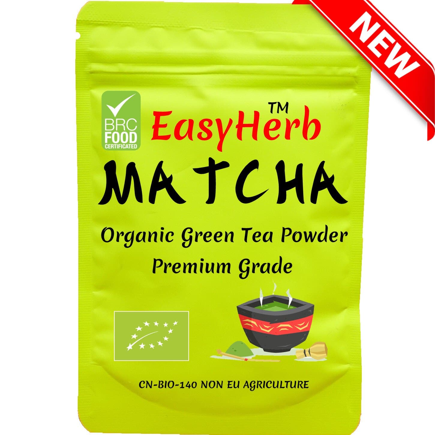 EasyHerb MATCHA GREEN Tea Powder Set: Organic, Premium, BRC Food Safety Certified, Bamboo Whisk, Scoop Spoon, Stand Holder (Matcha)