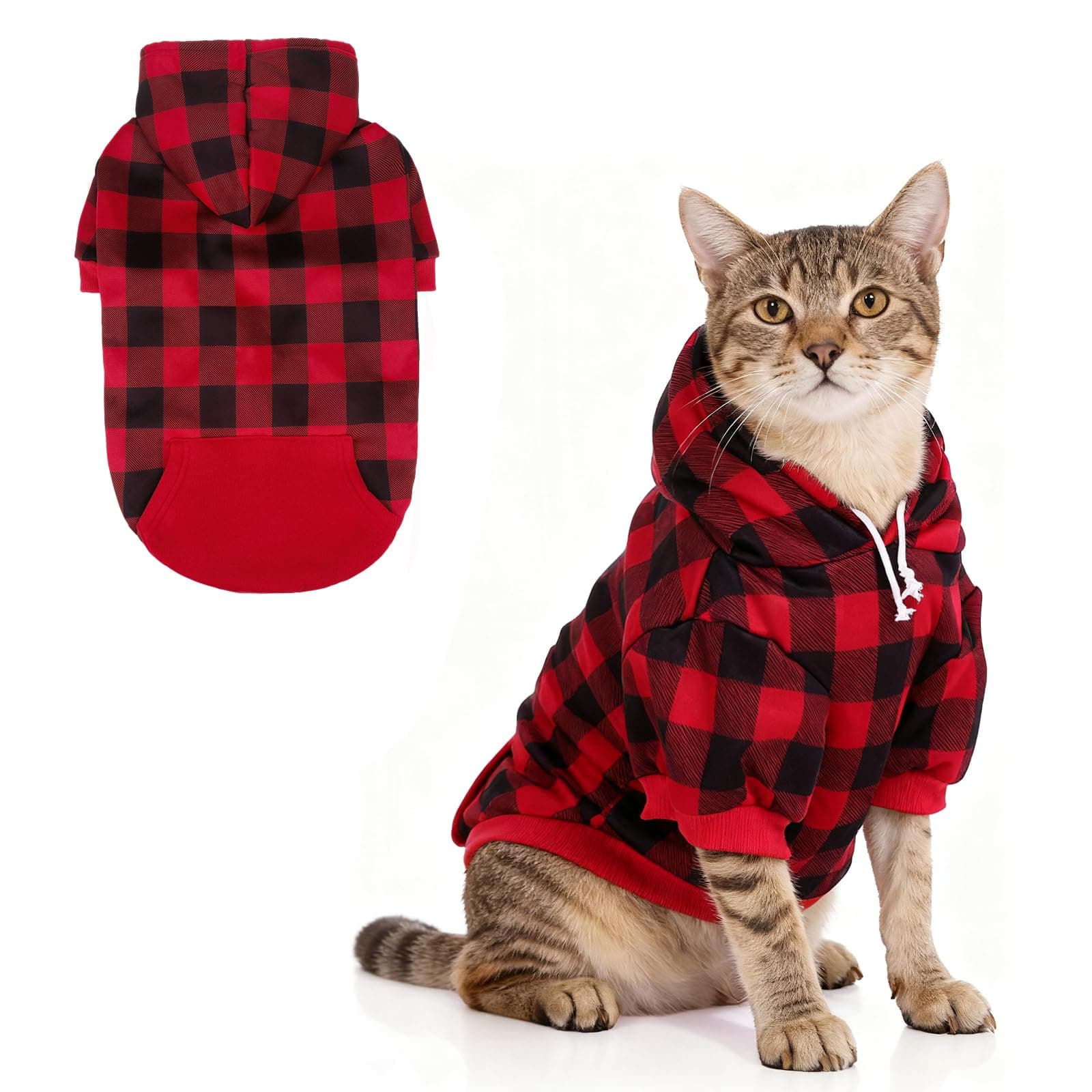 KOOLTAIL Plaid Cat Hoodie Pet Clothes Sweater with Hat and Pocket for Small Dogs Puppy Cats, Soft Winter Warm Dog Cold Weather Coat, Fleece Fall Dog Hooded Sweatshirt with Leash Hole, Christmas Red XS