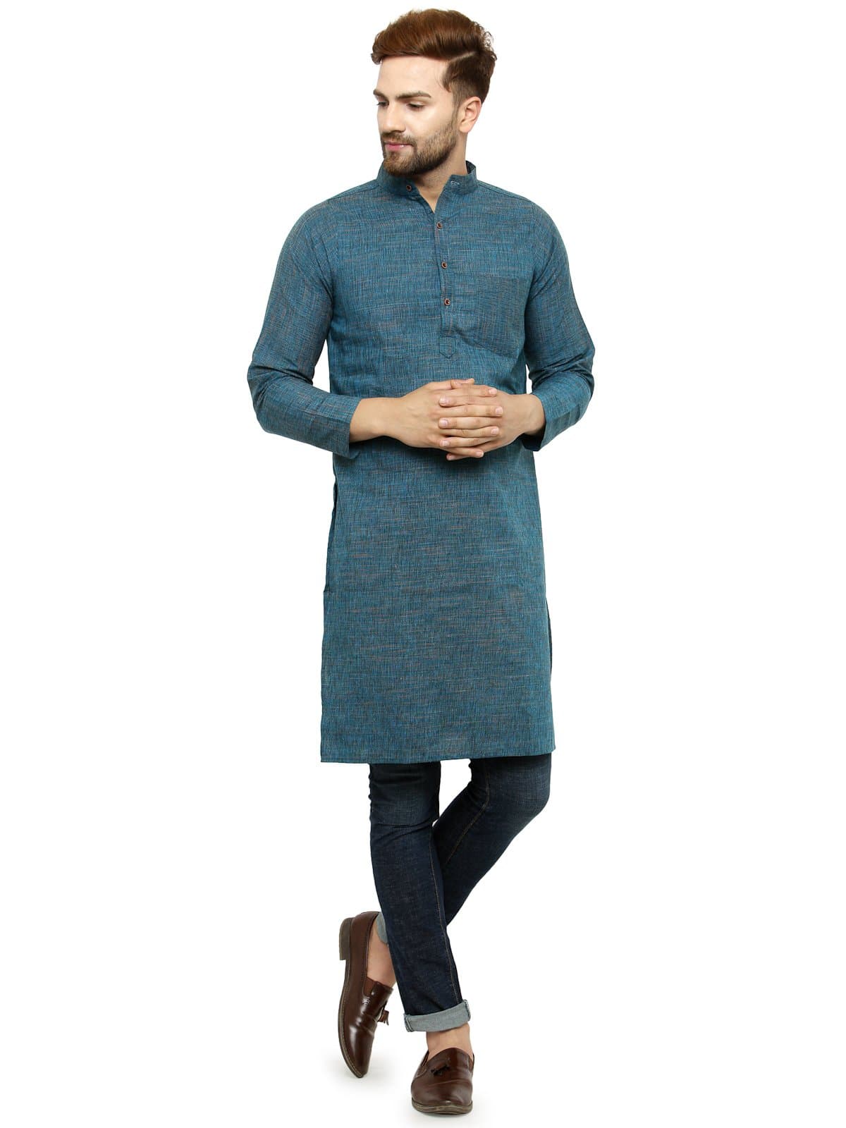 Enchanted DrapesMens' Solid Cotton Long Kurta_Mehandi