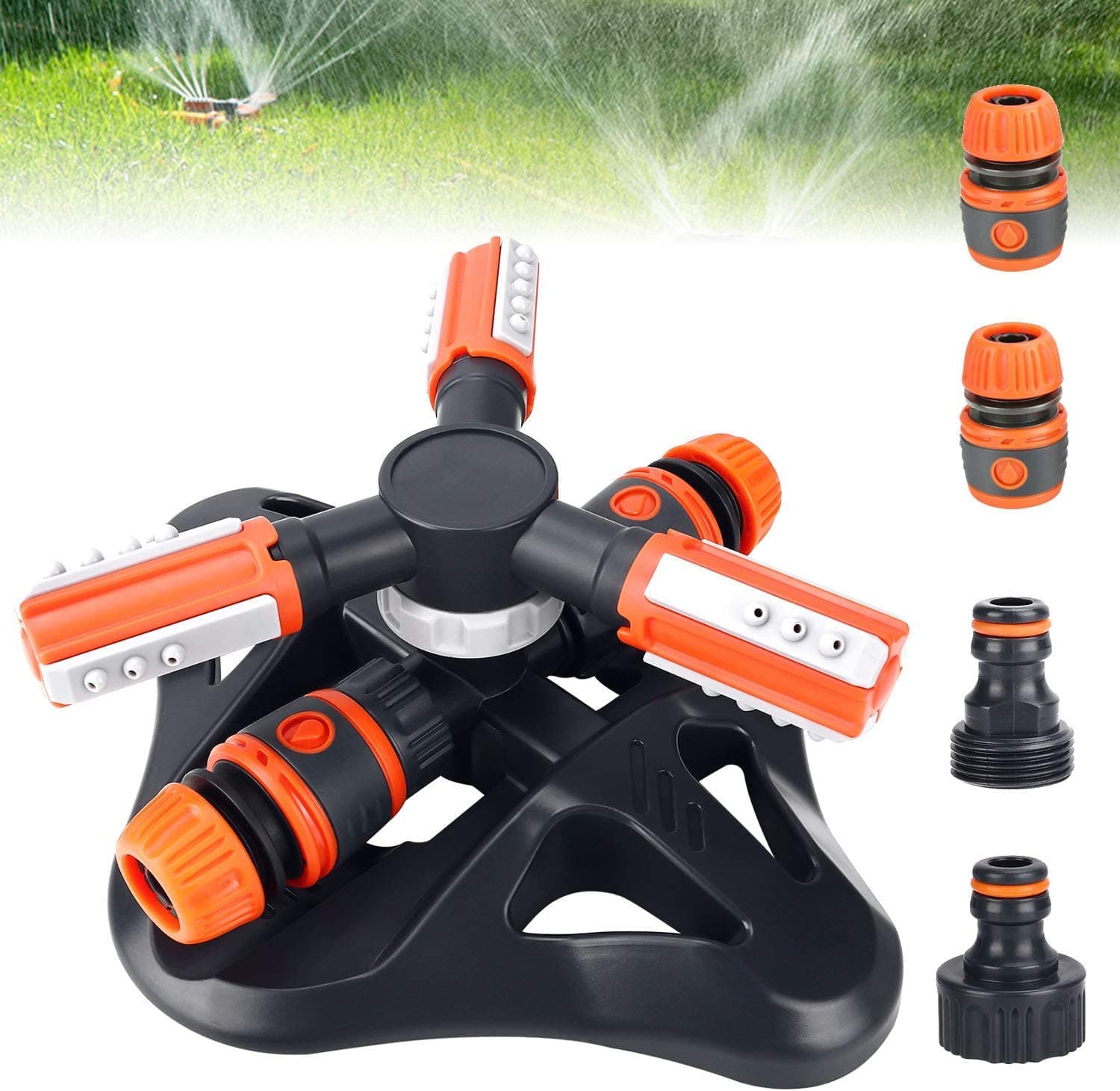 SYOSI Garden Sprinkler, Lawn Sprinkler Automatic 360 Degree Rotating 3 Arm Lawn Water Sprinkler System with Quick Connectors for Watering Plants or Summer Outdoor Play (Orange)