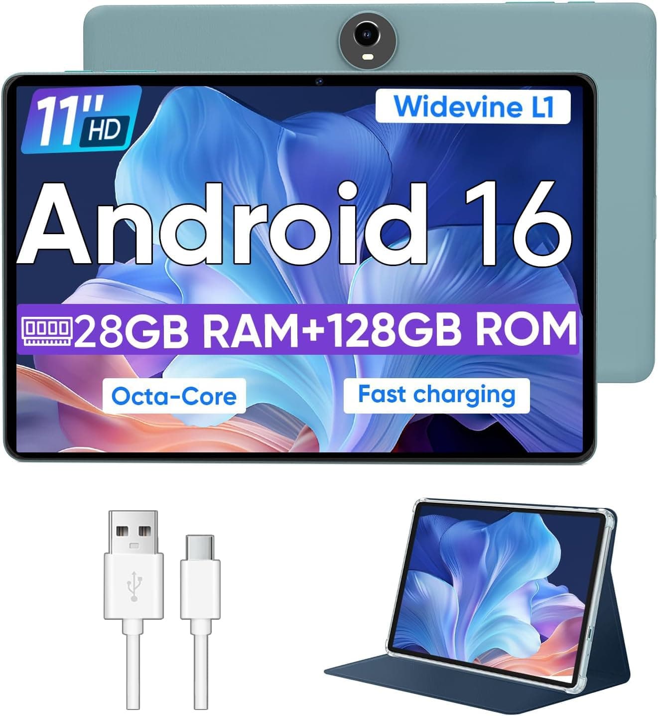 Android 16 Tablet,11 Inch Tablets with Octa Core Processor, 28GB RAM 128GB ROM 1TB Expand, Widevine L1, 8000mAh Battery, 2.4/5Ghz Dual WiFi/GPS/FM, 5/8MP Cameras, Case Included, Blue