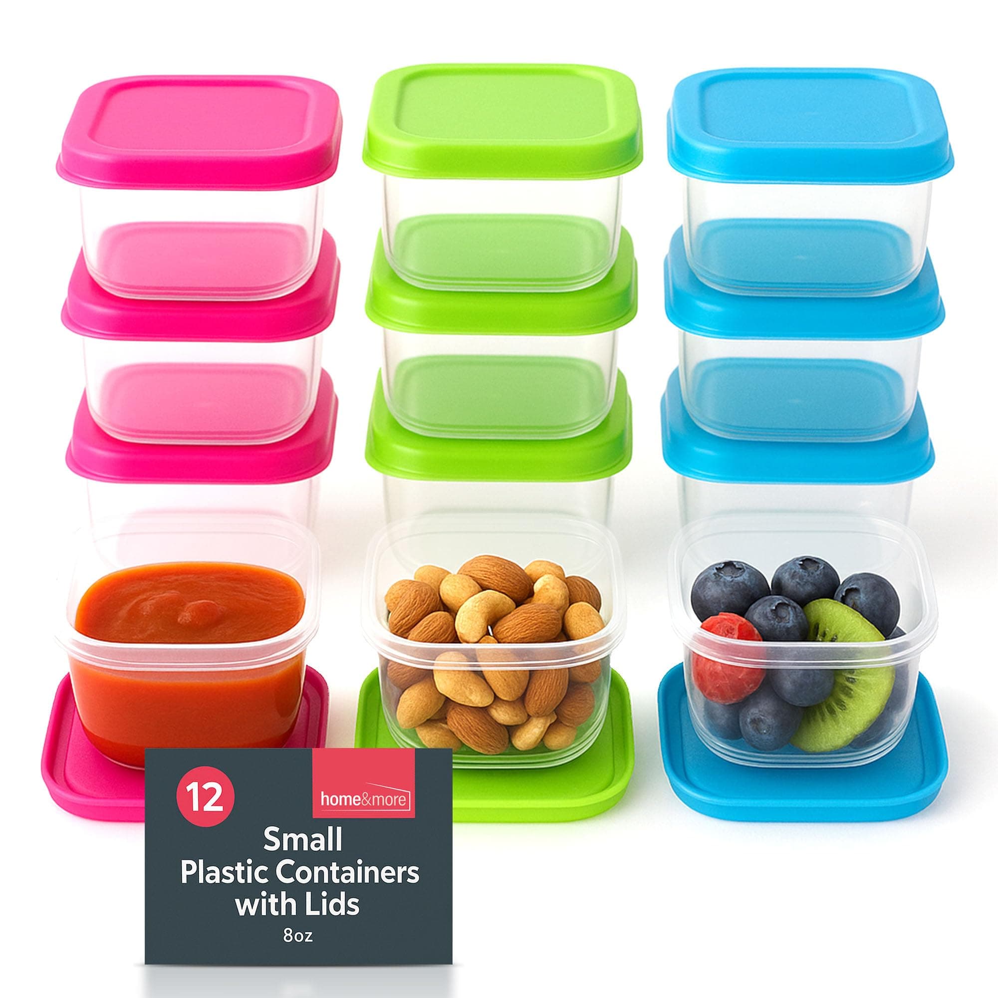 12pk Small Plastic Food Containers with Lids 6cm x 6cm x 3.5cm Kids Snack Box Stackable Freezer Storage Pots Reusable Food Holders for Lunch Portions Home Kitchen Organisation