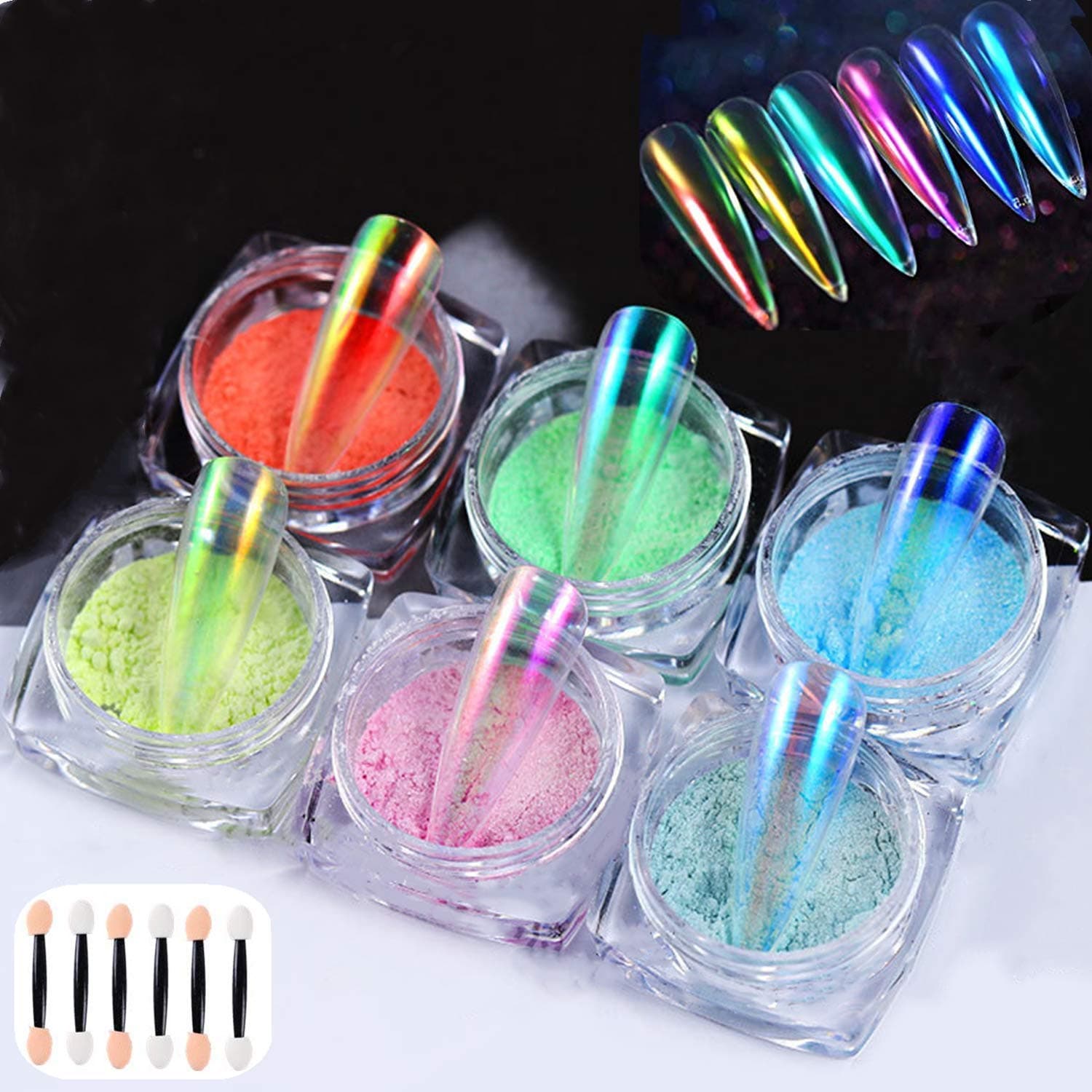 XIAOHONG6 Colours Mermaid Chrome Nail Powder Mirror Effect Holographic Aurora Iridescent Pearlescent Manicure Pigment Rainbow Nail Glitter With 6pcs Eyeshadow Sticks