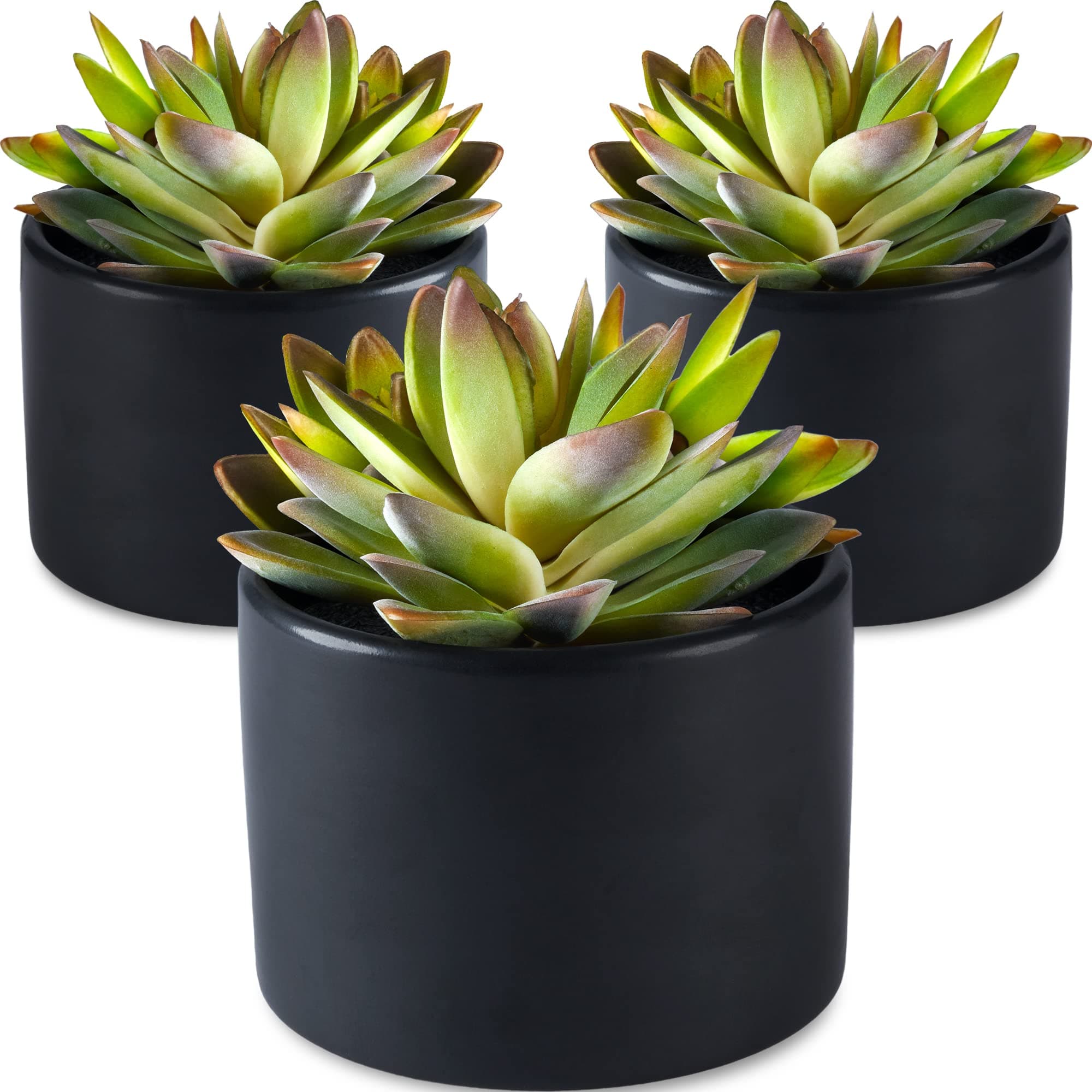 SEEKO Artificial Succulents 3 Pack Faux Potted Plant Decor - Realistic Faux Succulents Perfect Small Desk Plant, Home Office, Kitchen, Book Shelf, or Bathroom Decor (Matte Black Pot)