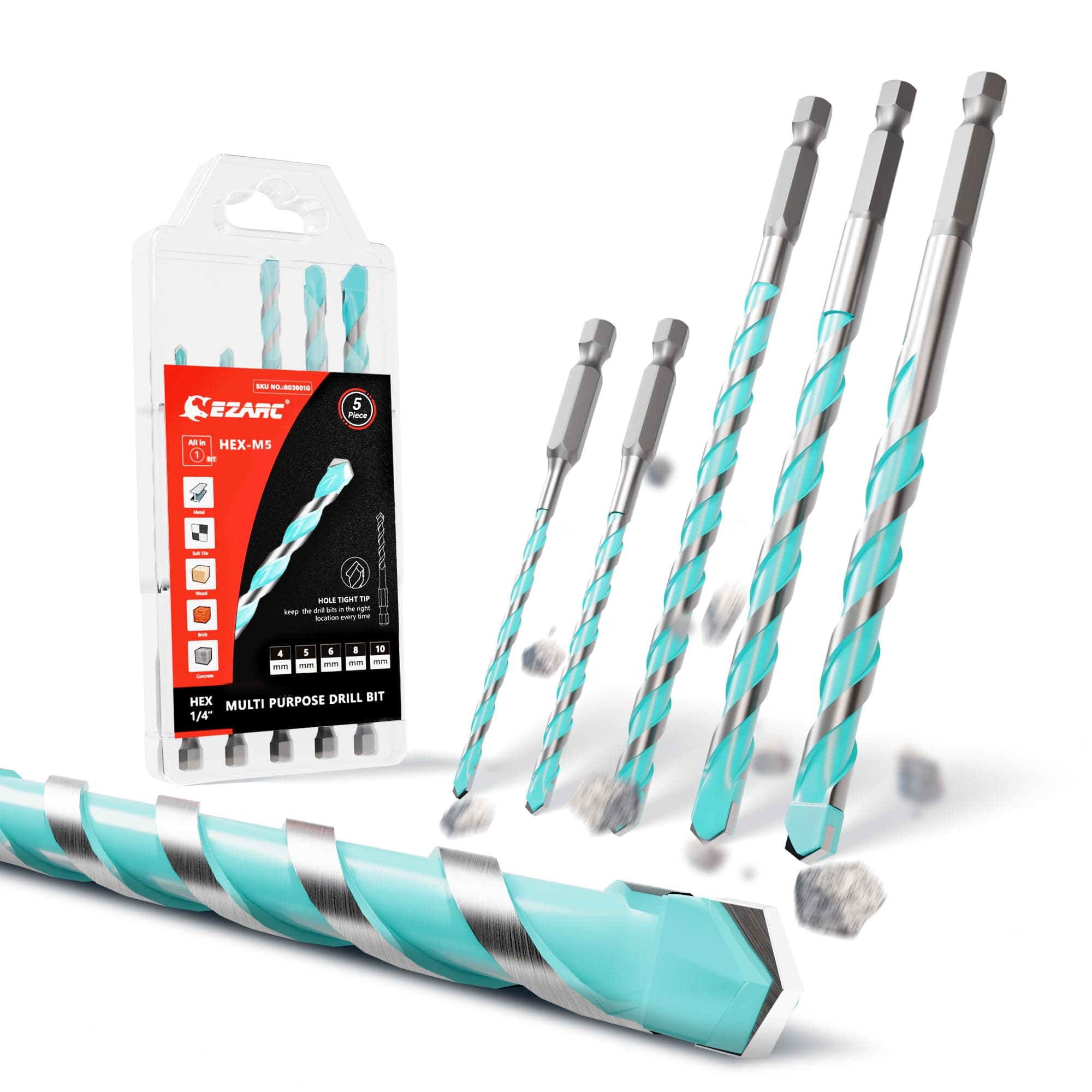 EZARC Masonry Drill Bit Set, Concrete Drill Bit Set with Hex Shank for Brick/Cement/Tile/Block/Plastic/Glass/Wood/Metal, Carbide Drill Bit Tip 5/32"-3/8", 5PCS