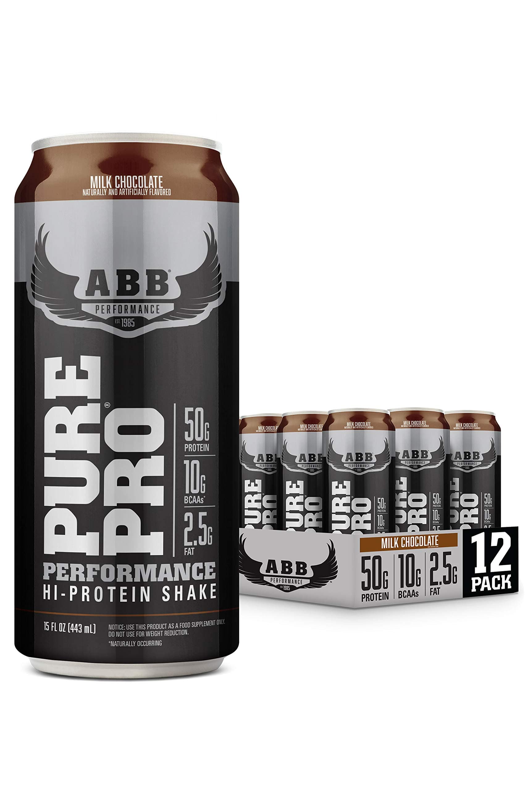 (ABB) Pure Pro 50, Post-Workout Recovery Protein Shake, Muscle Builder, HI-Protein, Low Fat, Low Sugar, Milk Chocolate Flavored, Ready to Drink 15 Fl Oz (Pack of 12)