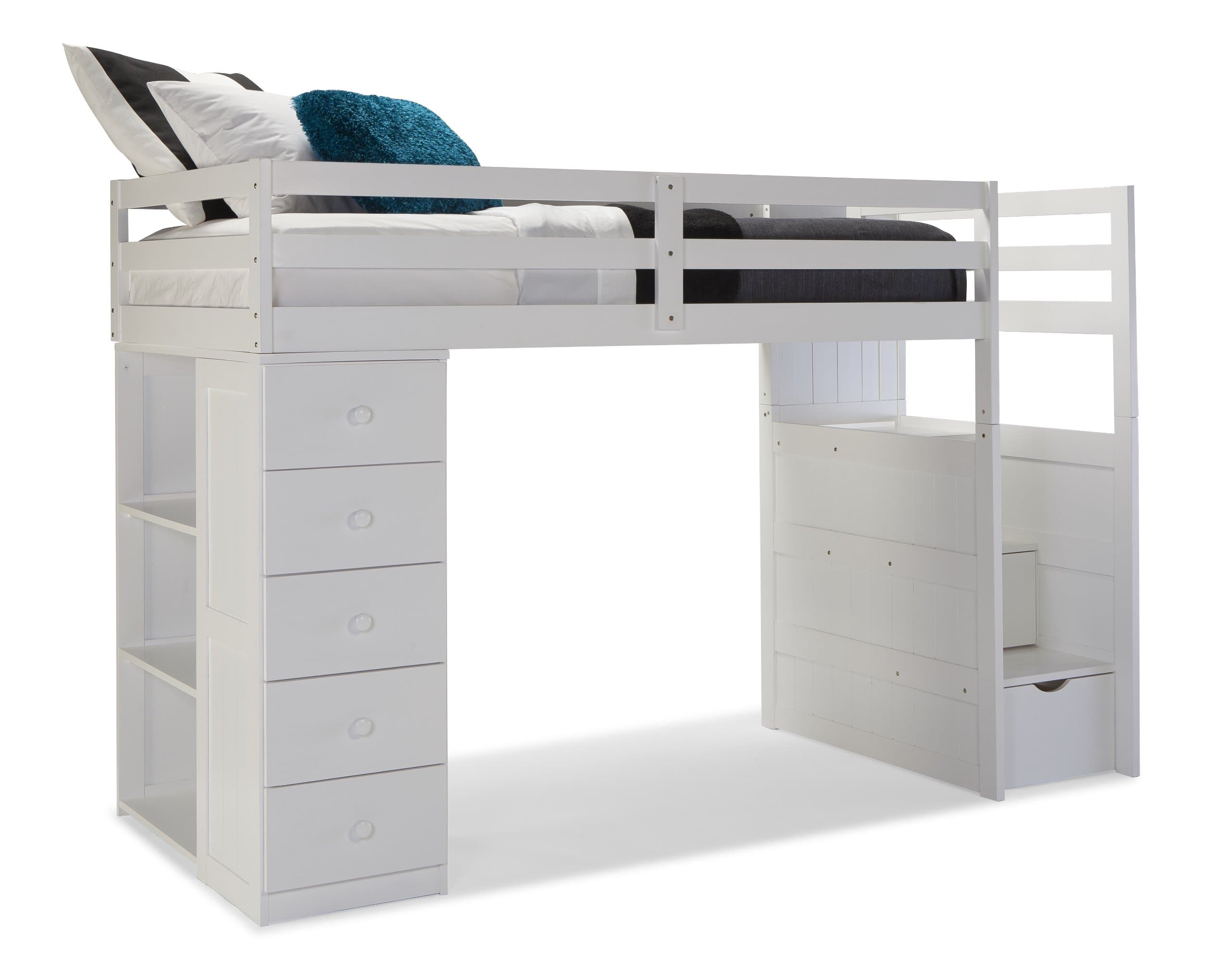 Mountaineer Loft Bed with Storage Tower and Built in Stairs Drawers, Twin, White