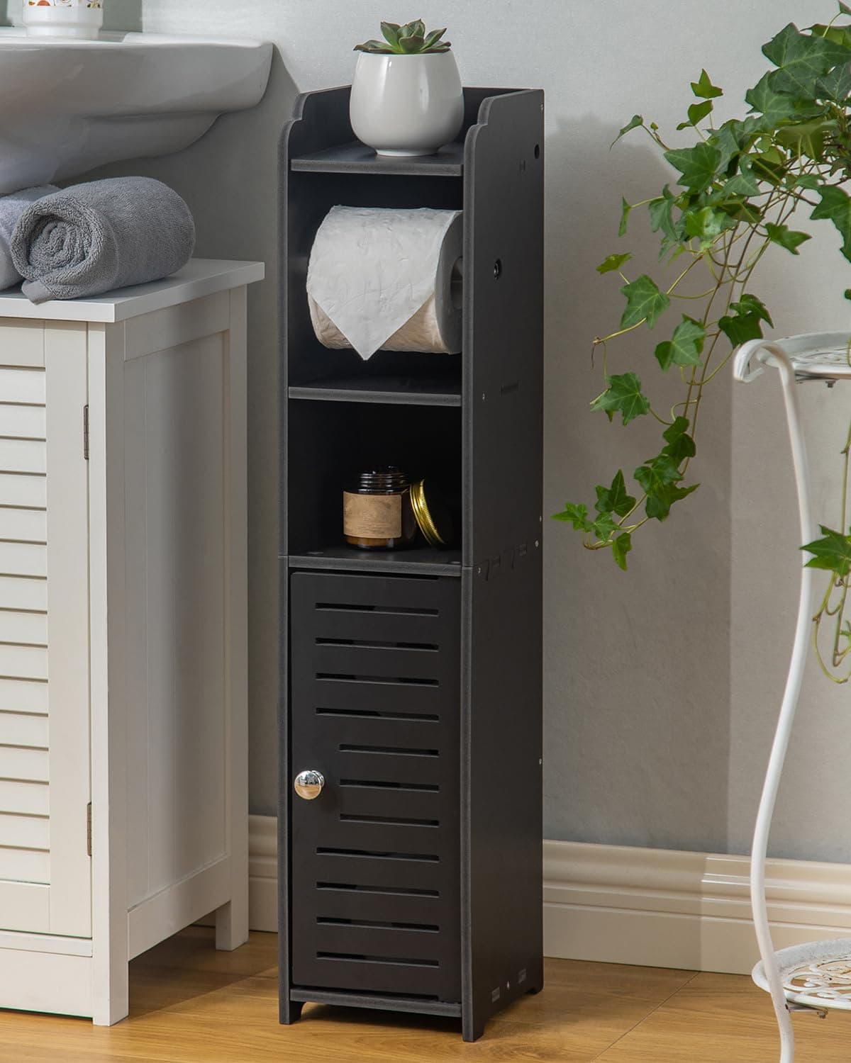 AOJEZOR Toilet Paper Holder Stand: Freestanding No Drill PVC Bathroom Storage for Apartment Renters -Protect Rental Deposit- Small Space Storage Solution