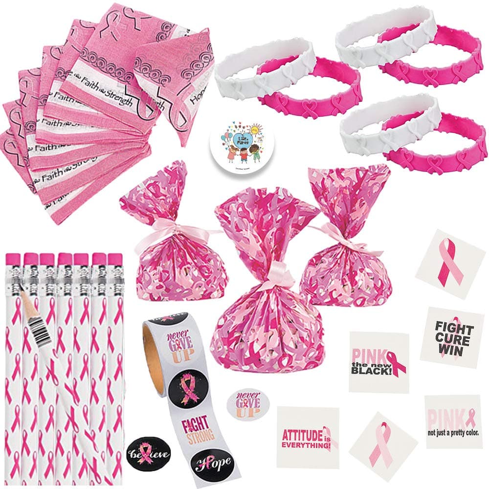 Breast Cancer Awareness Support Pack for 12 With Pencils, Cellophane Goodie Bags, Stickers, Bandanas, Glitter Tattoos, Bracelets, and Exclusive Party Pin by Another Dream