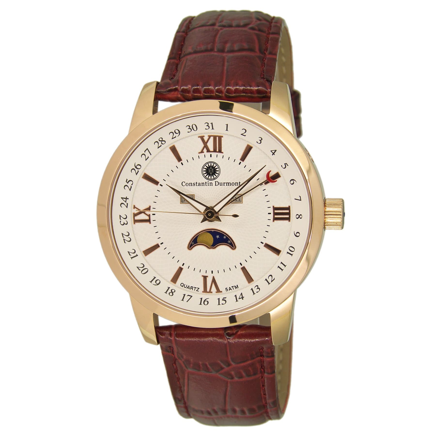 Men's Quartz Watch with Calendar Phases of Moon Analogue Quartz Leather CD-CALE-QZ-LT-RGRG-WH