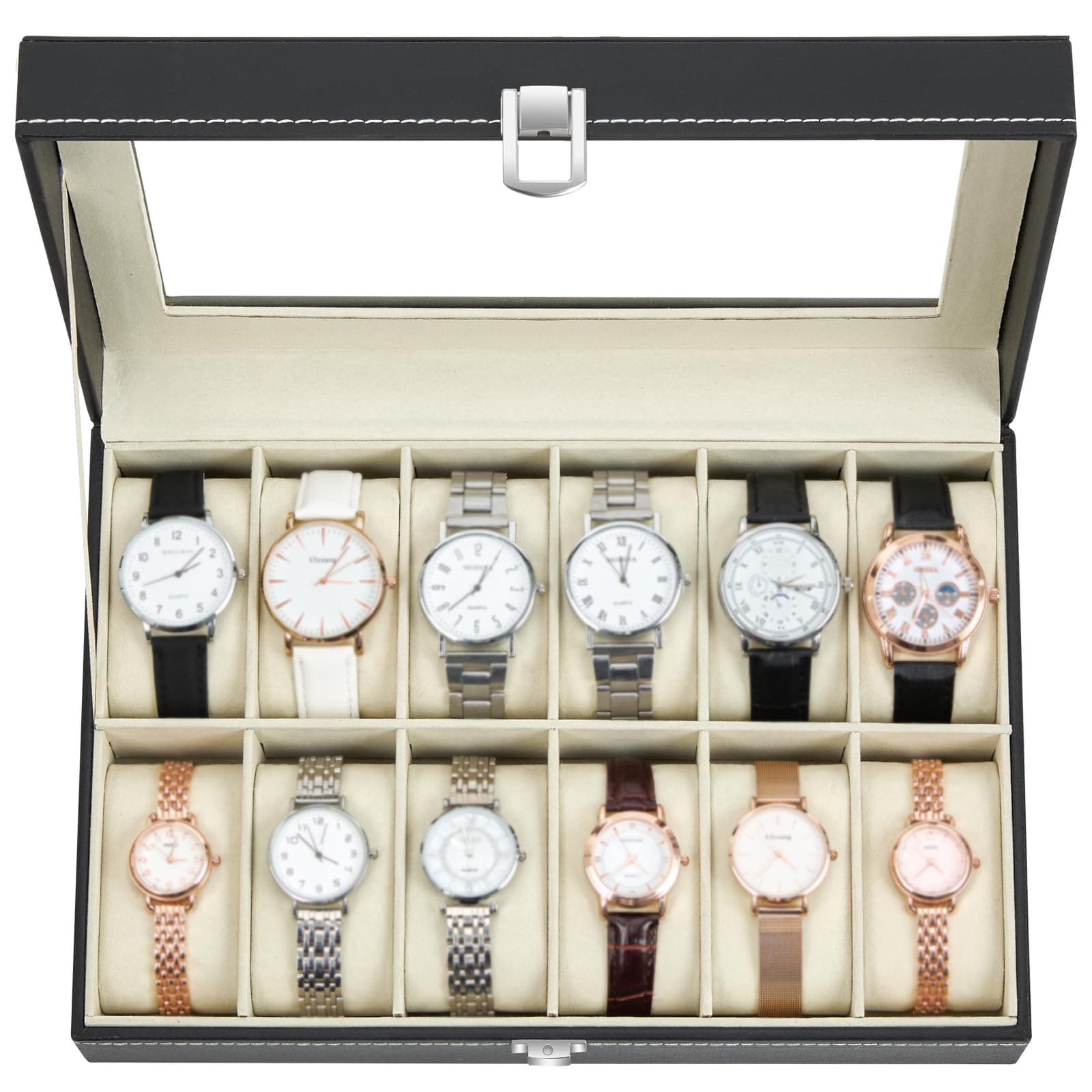 Ohuhu Watch Case 12 Slot PU Leather Real Glass Lid Watch Box Watch Holder Organizer Display Storage Box Soft Velvet Jewelry Box for Men and Women Birthday Fathers Day Valentine's Day Gifts
