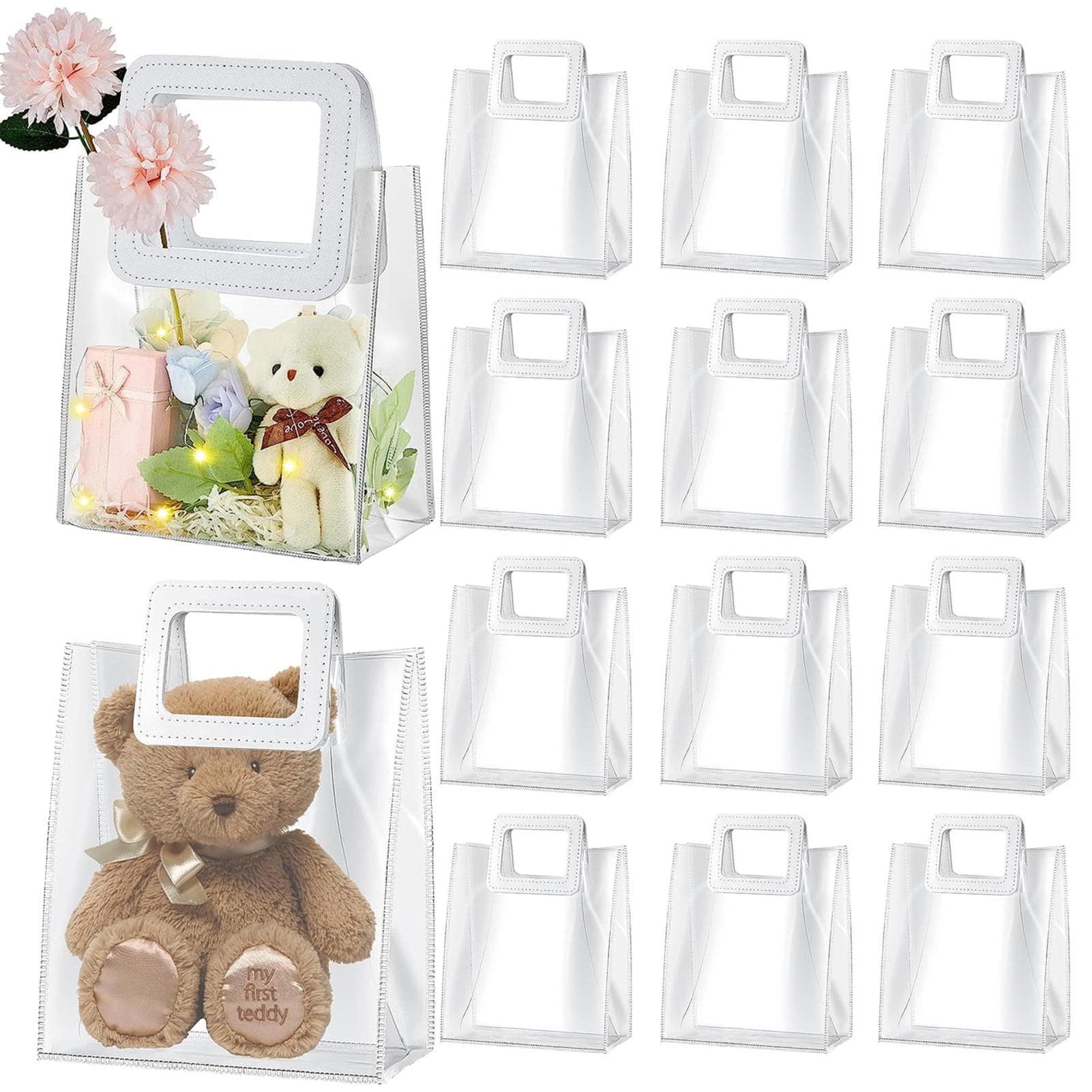 YHOME 16 PCS Clear PVC Gift Bags with Handles, Party gift bag, Reusable Small Transparent Gift Wrap Bags, Transparent Shopping Bags for Party Bags, Birthday Bag, Small Gift Bags (White)