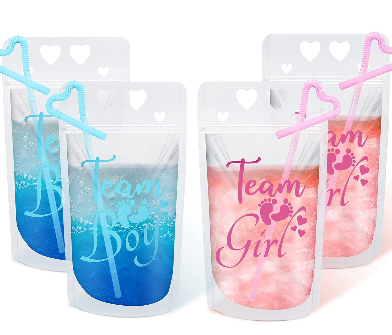 20 Pcs Drink Pouch Cups Clear Zipper Bags with Straws, Team Boy Team Girl Gender Reveal Cups, Baby Reveal Party Decorations Supplies, Blue & Pink, 17 oz