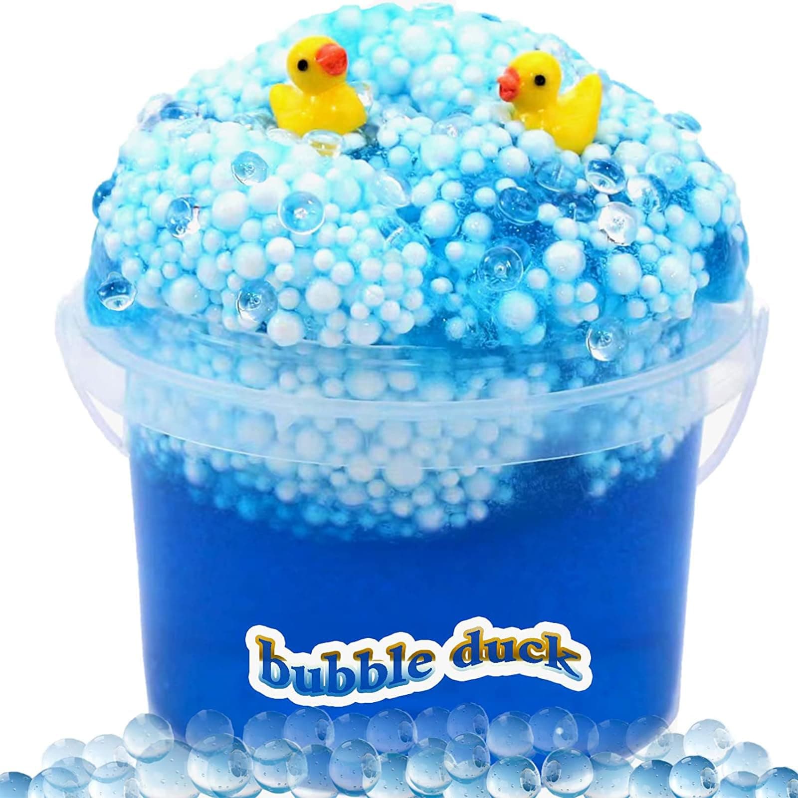 Bubble Duck Crunchy Glimmer Slime with Cute Duck Charms, Blue Foam Ball and Lovely Crystal Beads, Squeaking Sound