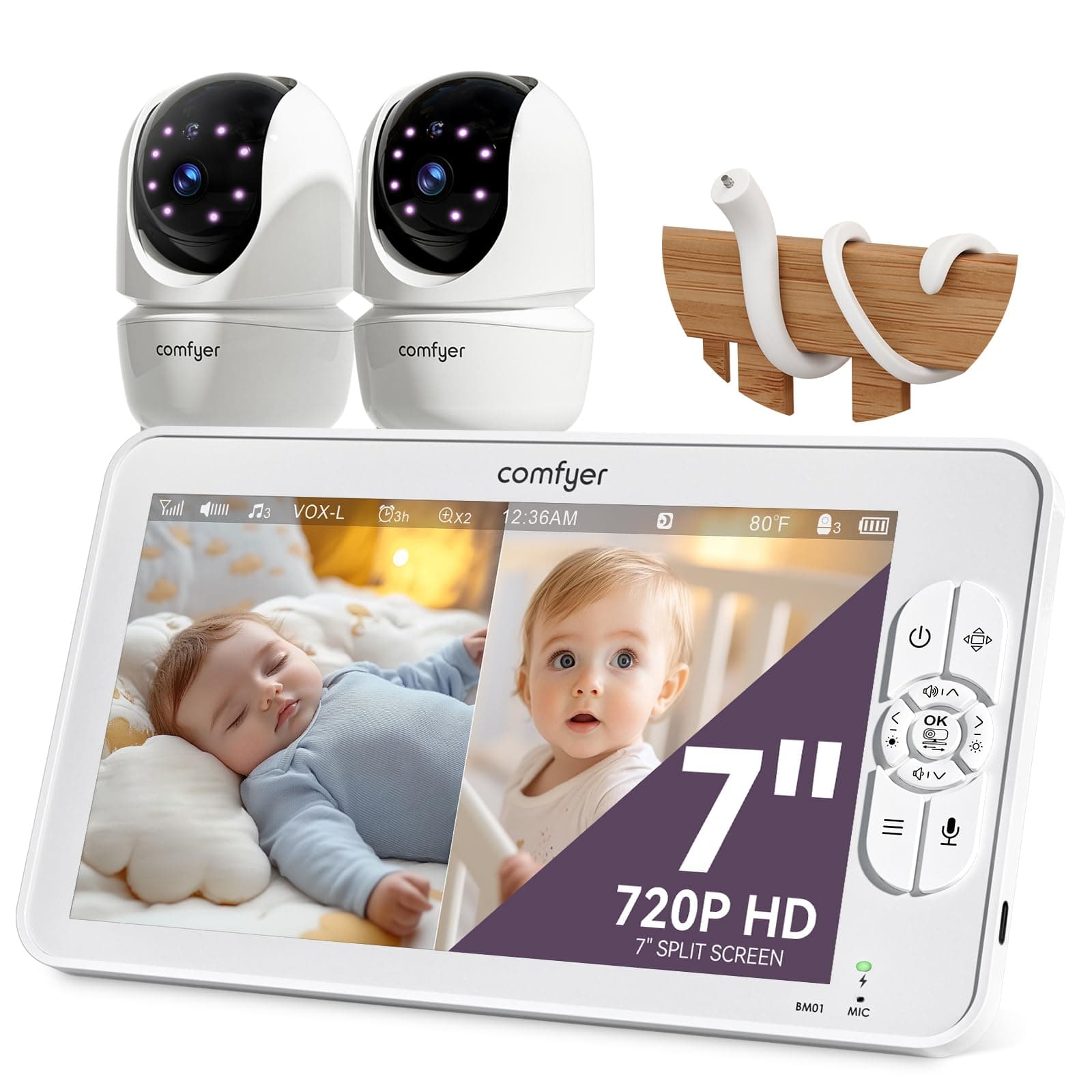 Split Screen Baby Monitor with 2 Cameras, 7 Inch HD Baby Monitor, No WiFi with Flexible Stand, Video Baby Monitor with Camera and Audio, VOX Mode, 2 Audio