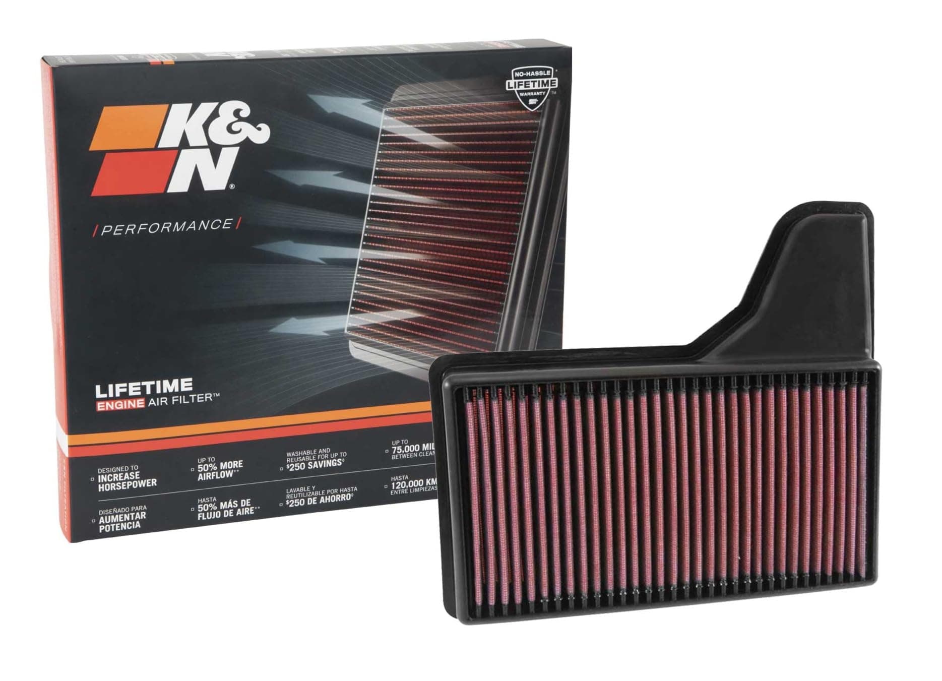 Engine Air Filter: Increase Power & Acceleration, Washable, Premium, Replacement Car Compatible with 2015-2019 Ford Mustang L4/V6/V8, 33-5029