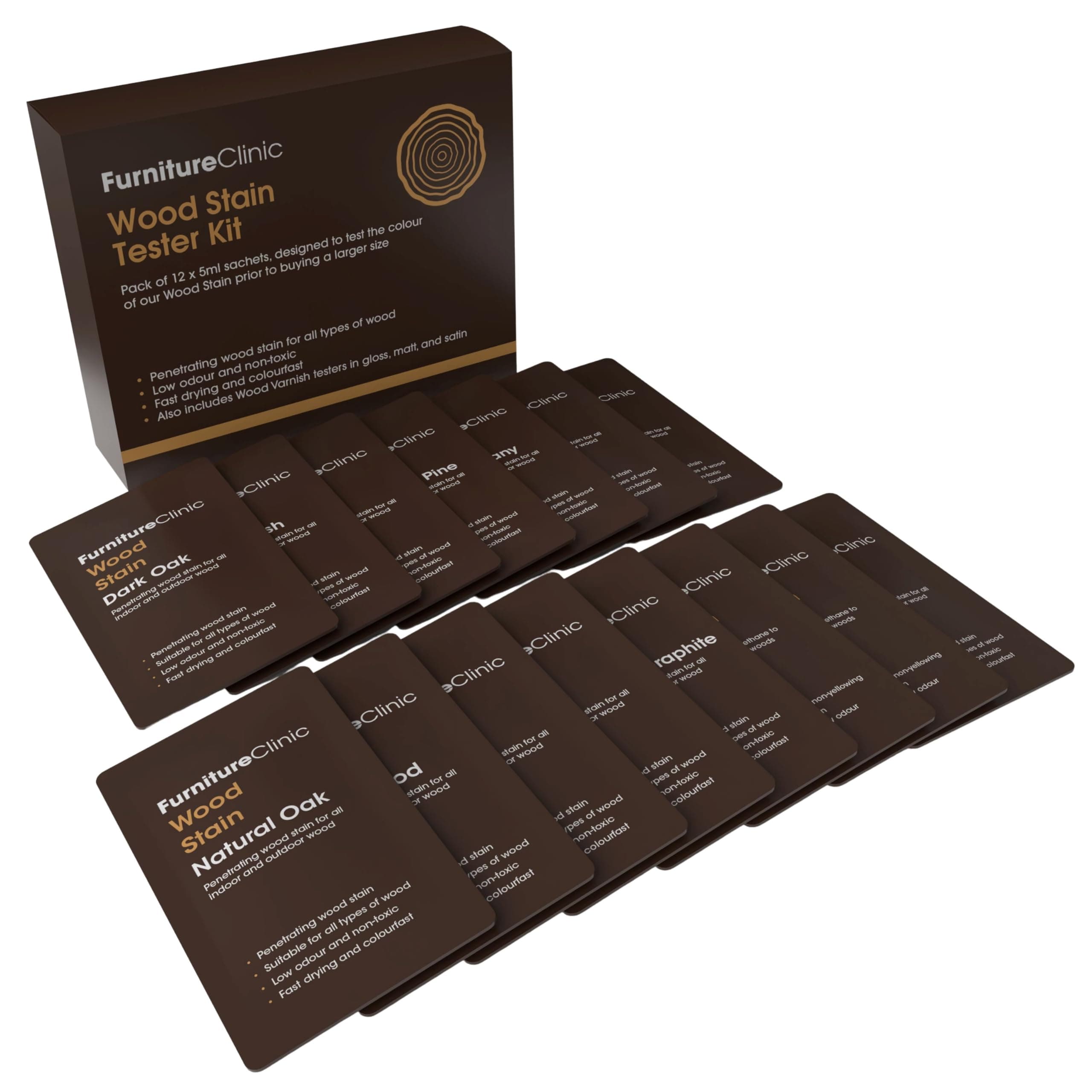 Furniture Clinic Wood Stain (Tester Kit) – Fast Drying, Highly Concentrated, And Easy-To-Apply For All Indoor & Outdoor Water Based Non-Toxic 9 X 15Ml